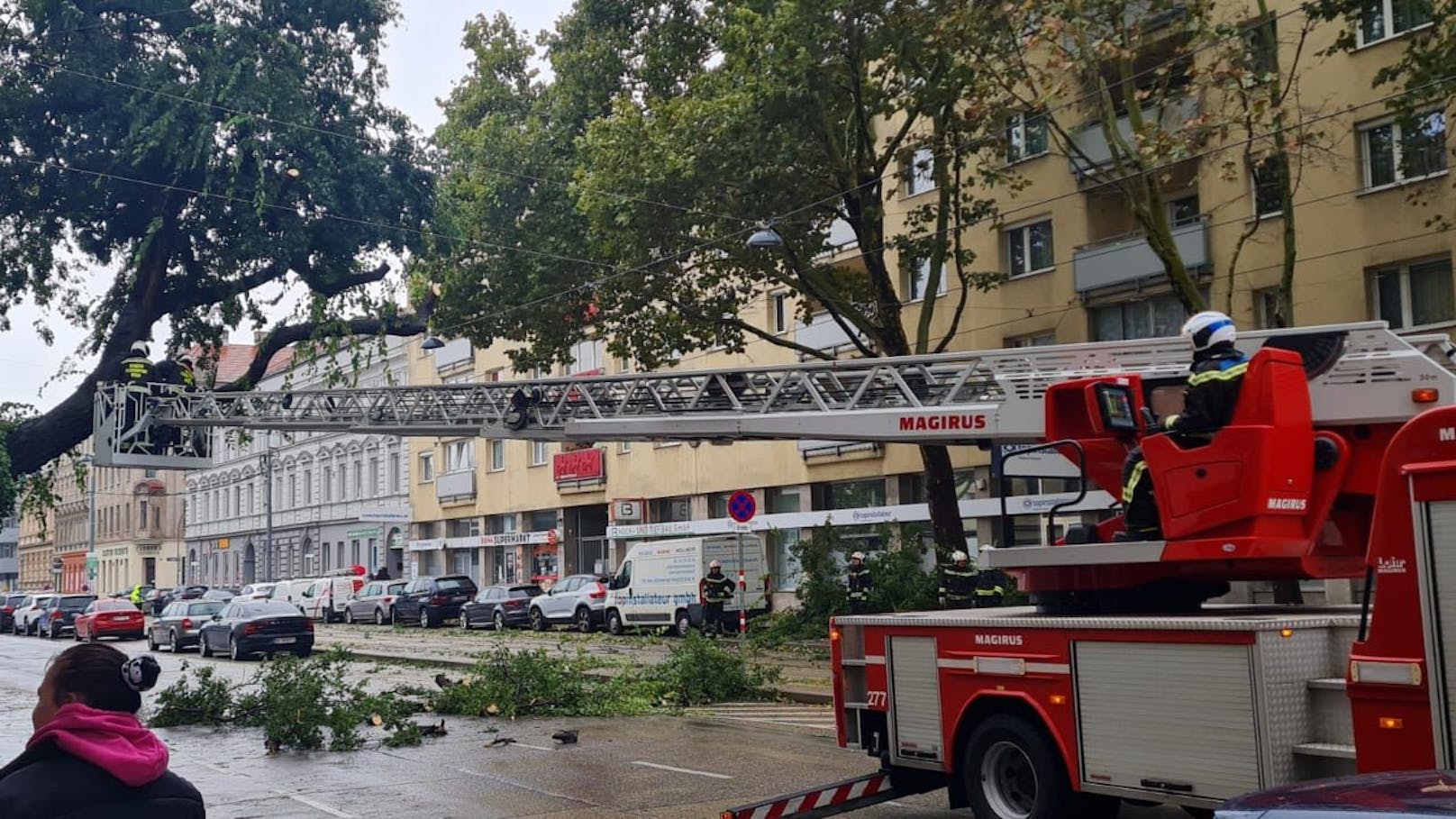 In Wien-Simmering kämpften Feuerwehrkräfte gegen umgestürzte Bäume.