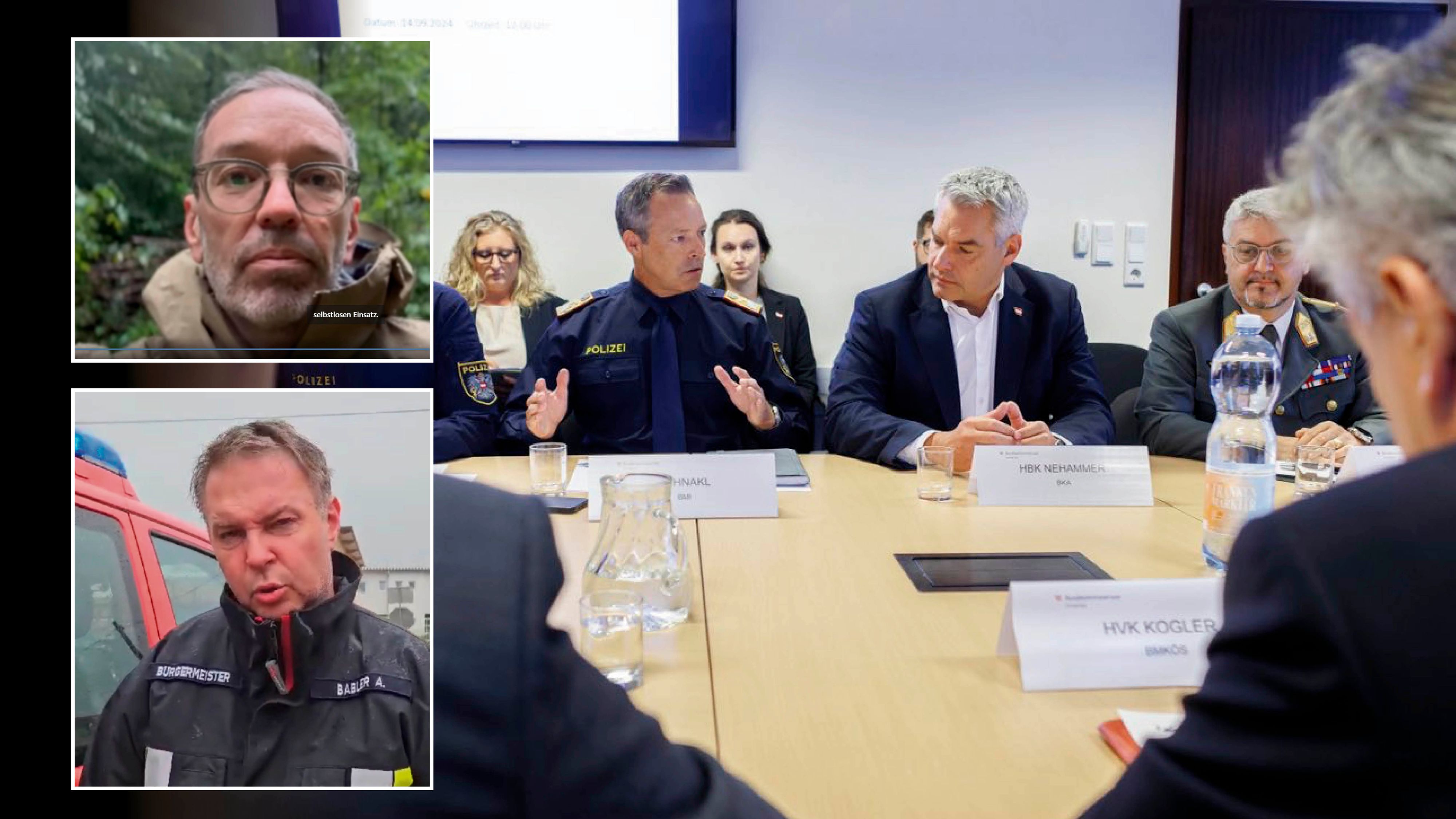Nehammer im Krisenstab, Kickl bei Videobotschaft aus dem Wald, Babler im Feuerwehr-Einsatz.