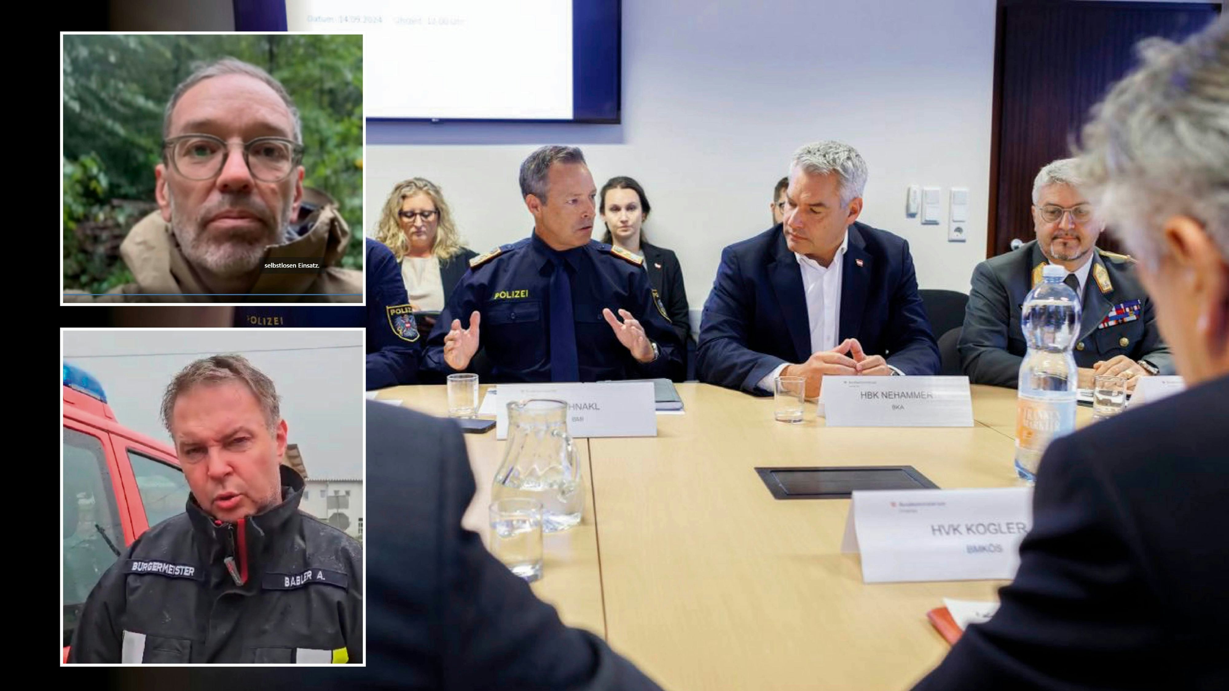 Nehammer im Krisenstab, Kickl bei Videobotschaft aus dem Wald, Babler im Feuerwehr-Einsatz.