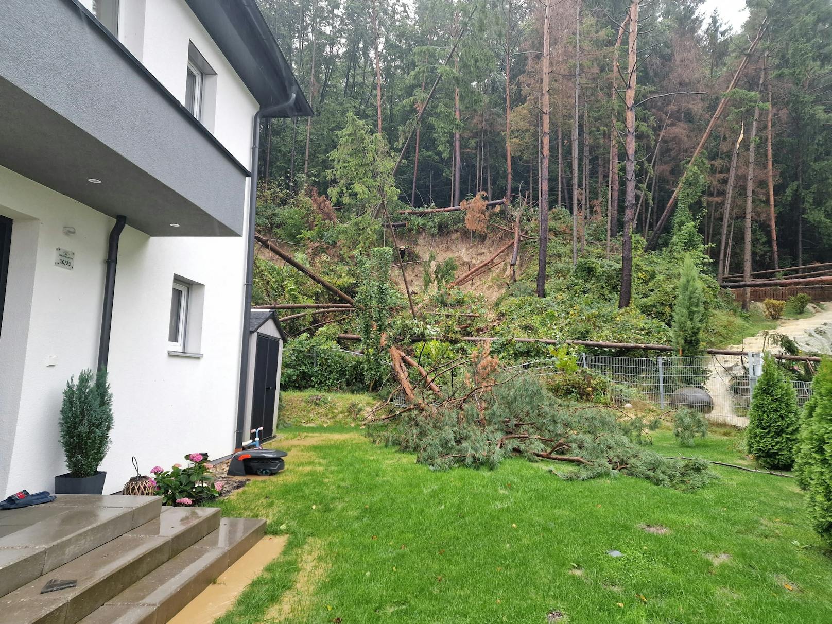 Ein heftiger Sturm führte am Sonntagabend in Sieghartskirchen zu einer massiven Wassermasse, die vom Wald auf das Haus der betroffenen Familie stürzte.