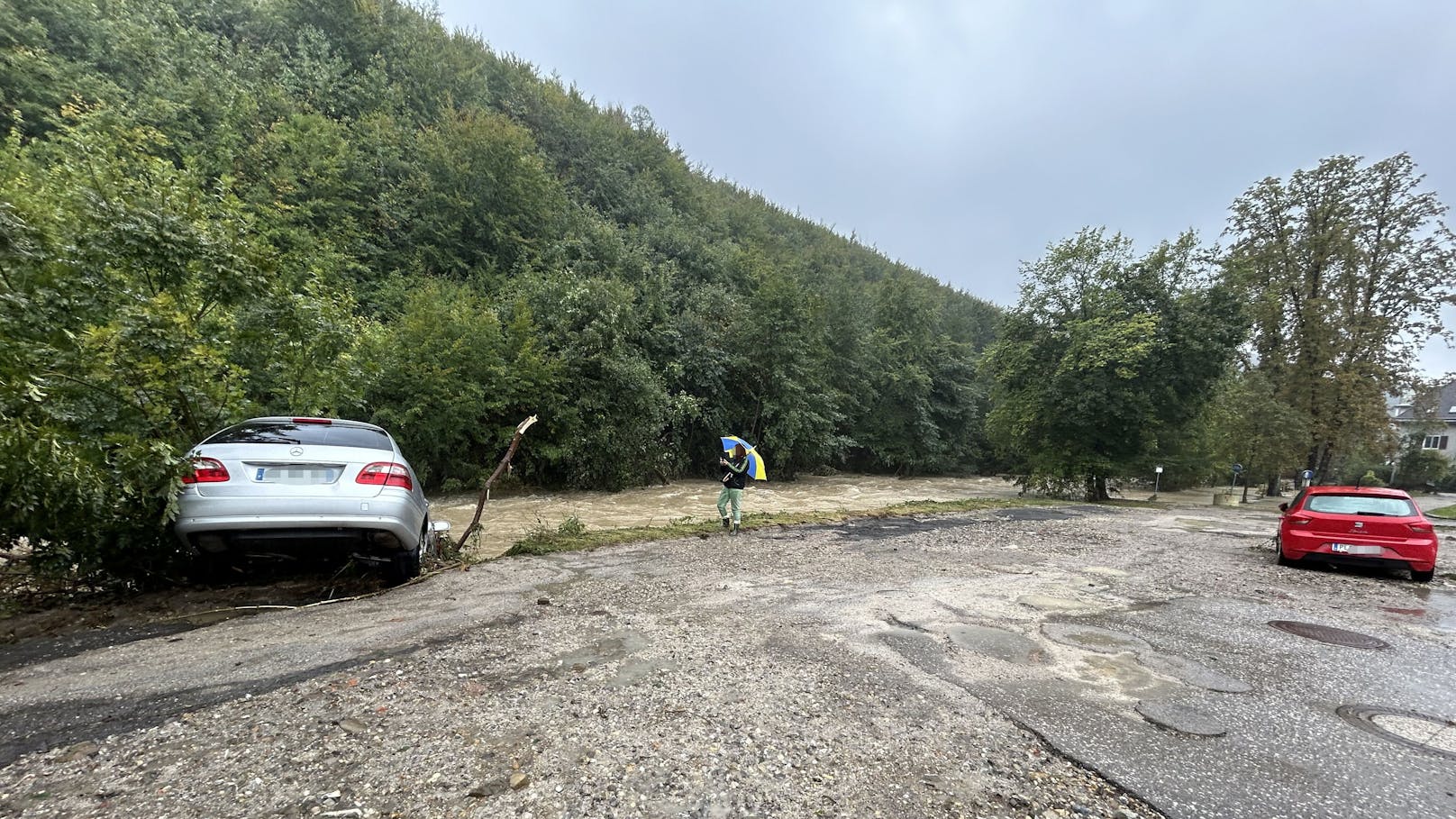 Auf der Tullnerbachstraße wurden einige Autos von der Fluten beschädigt. Darunter auch ein silberner Mercedes mit französischen Kennzeichen.