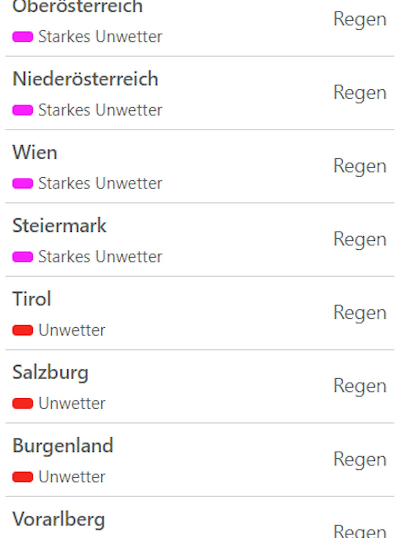 Aktuelle Unwetterwarnungen für Österreich