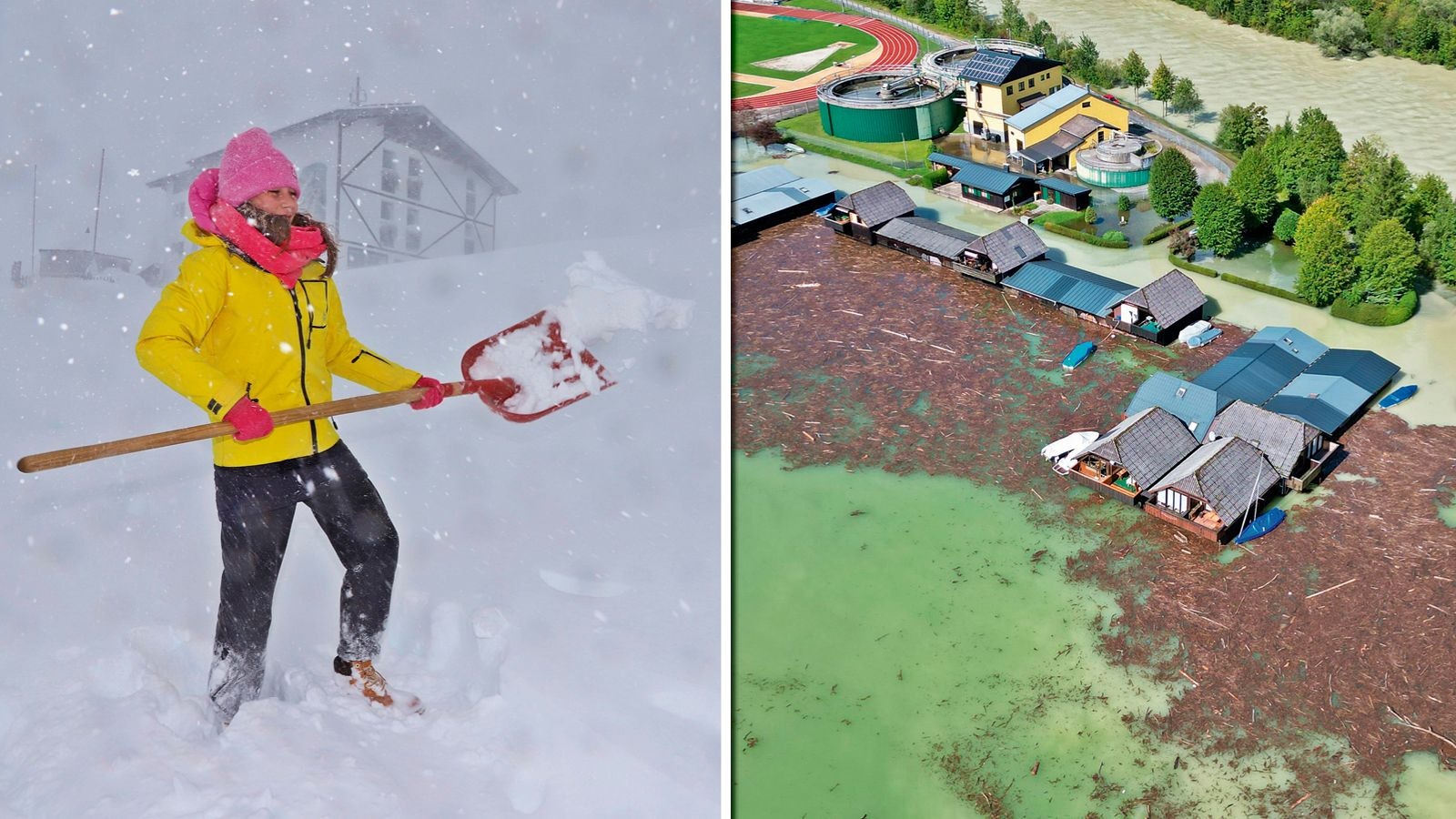 Am Feuerkogel hat es fast einen Meter Neuschnee gegeben, im Tal herunten in Ebensee gibt es Überschwemmungen.