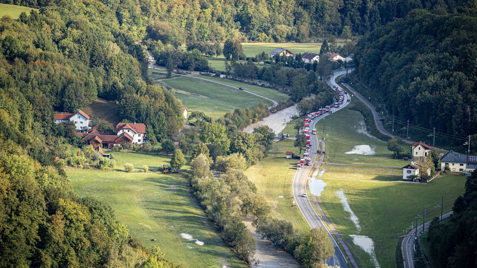 Luftaufnahmen am Dienstag zeigen das gesamte Ausmaß der Zerstörung in Kirchberg an der Pielach, Rabenstein, Hofstetten, Haunoldstein und Groß Sierning.