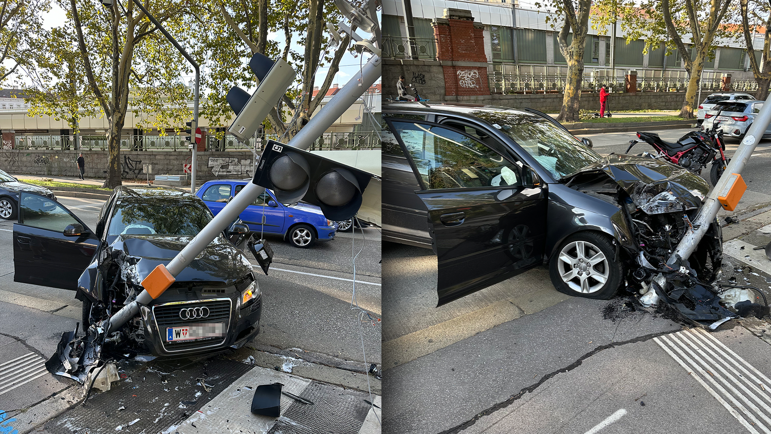 Schwerer Verkehrsunfall in Wien-Alsergrund. Ein Audi-Fahrer krachte in eine Ampel.