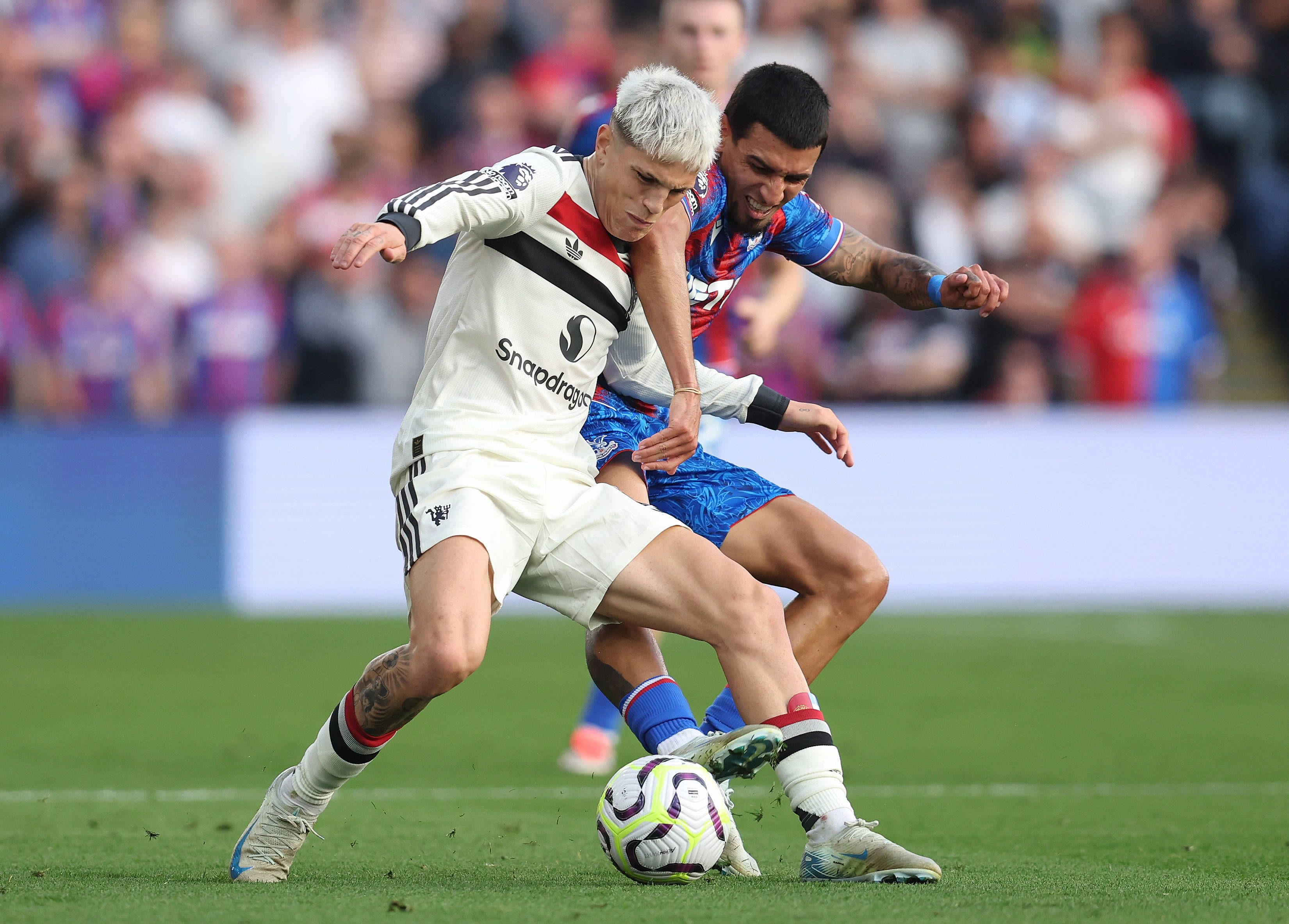 Manchester-United-Kicker Alejandro Garnacho und Crystal-Palace-Spieler Daniel Munoz im Duell. 