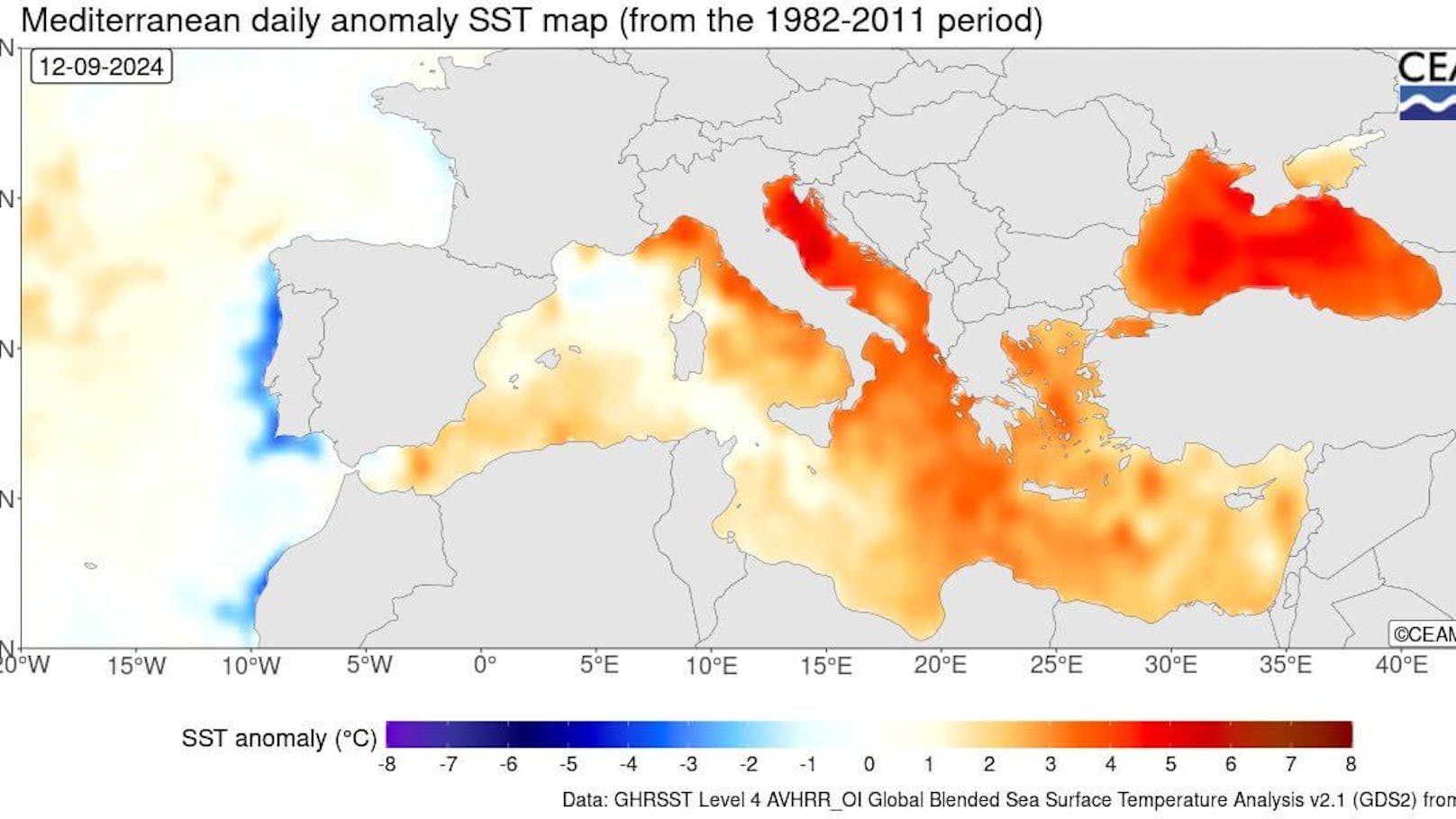 Die Abweichung der Meeresoberflächentemperaturen Mitte September.