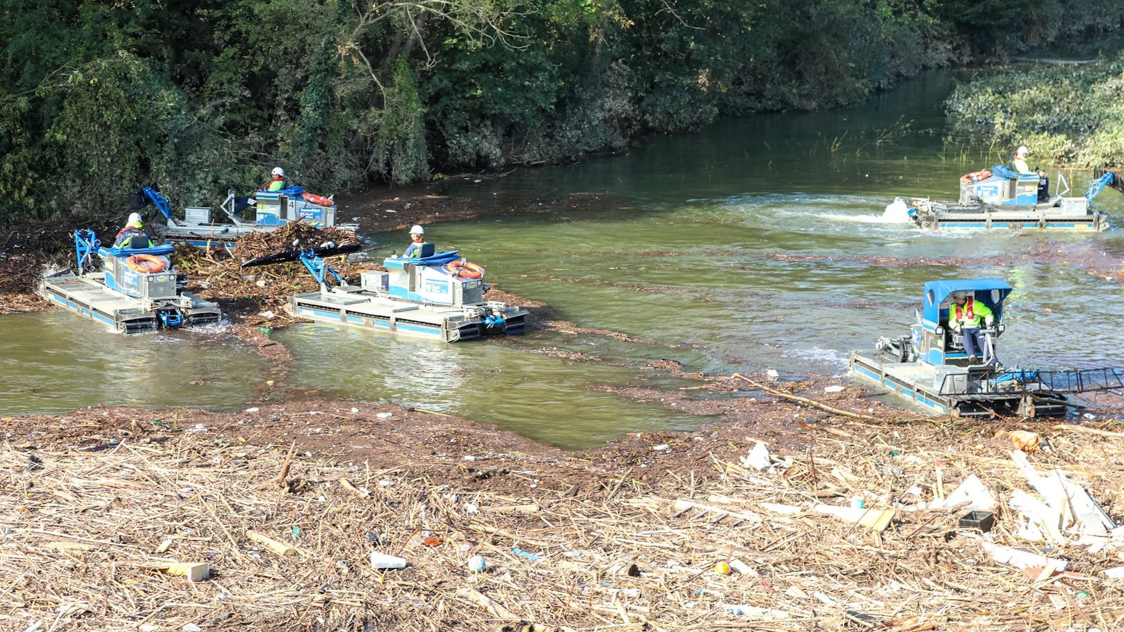 Mähboote im Kriseneinsatz gegen Treibgut-Massen