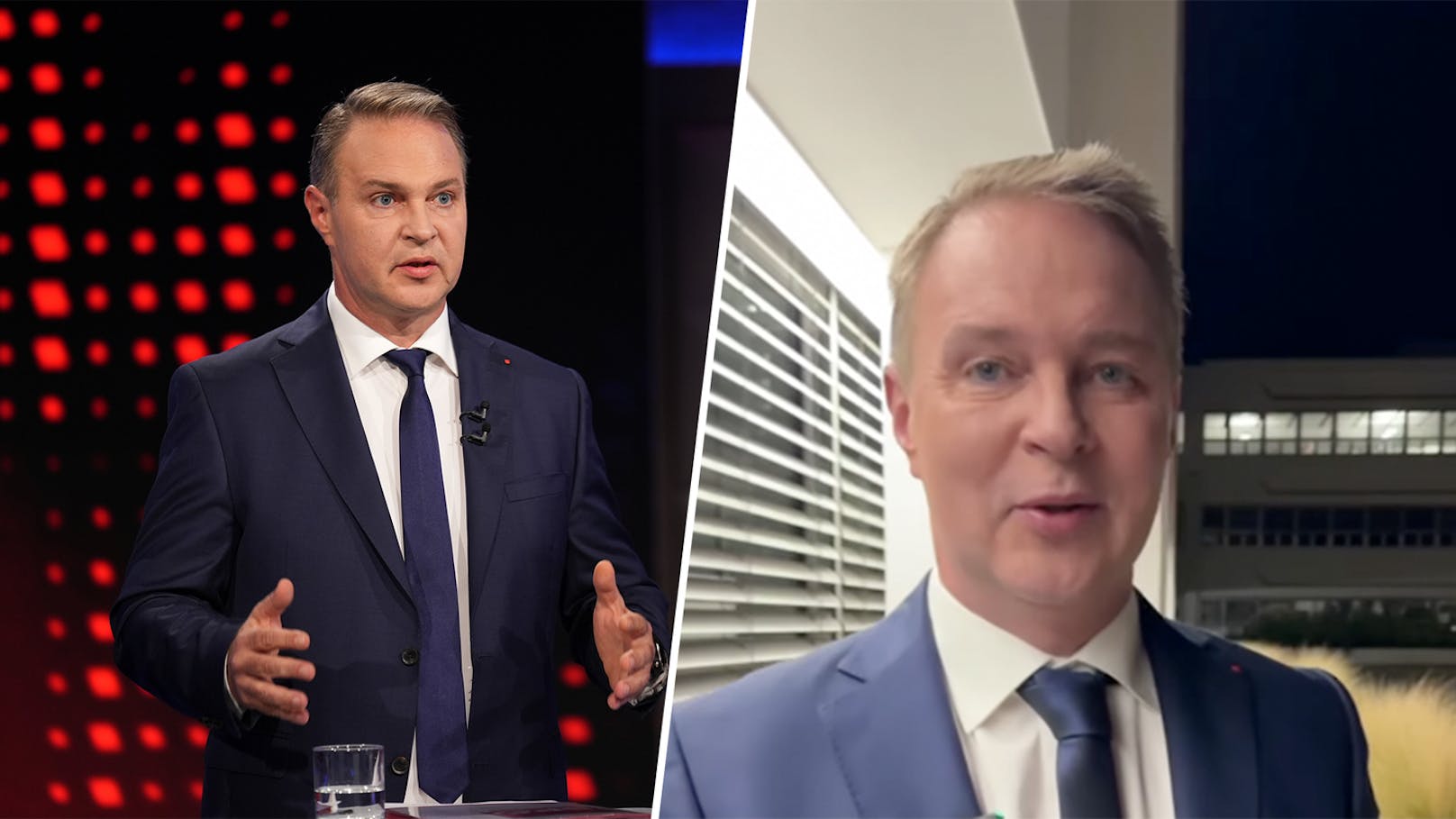 Nur eine Täuschung wegen des Lichts: Am Bild rechts wirkt SPÖ-Chef Andreas Babler plötzlich blond. Es stammt aus einem Insta-Video vom TV-Duell Montagabend, genau wie das offizielle Foto rechts. 