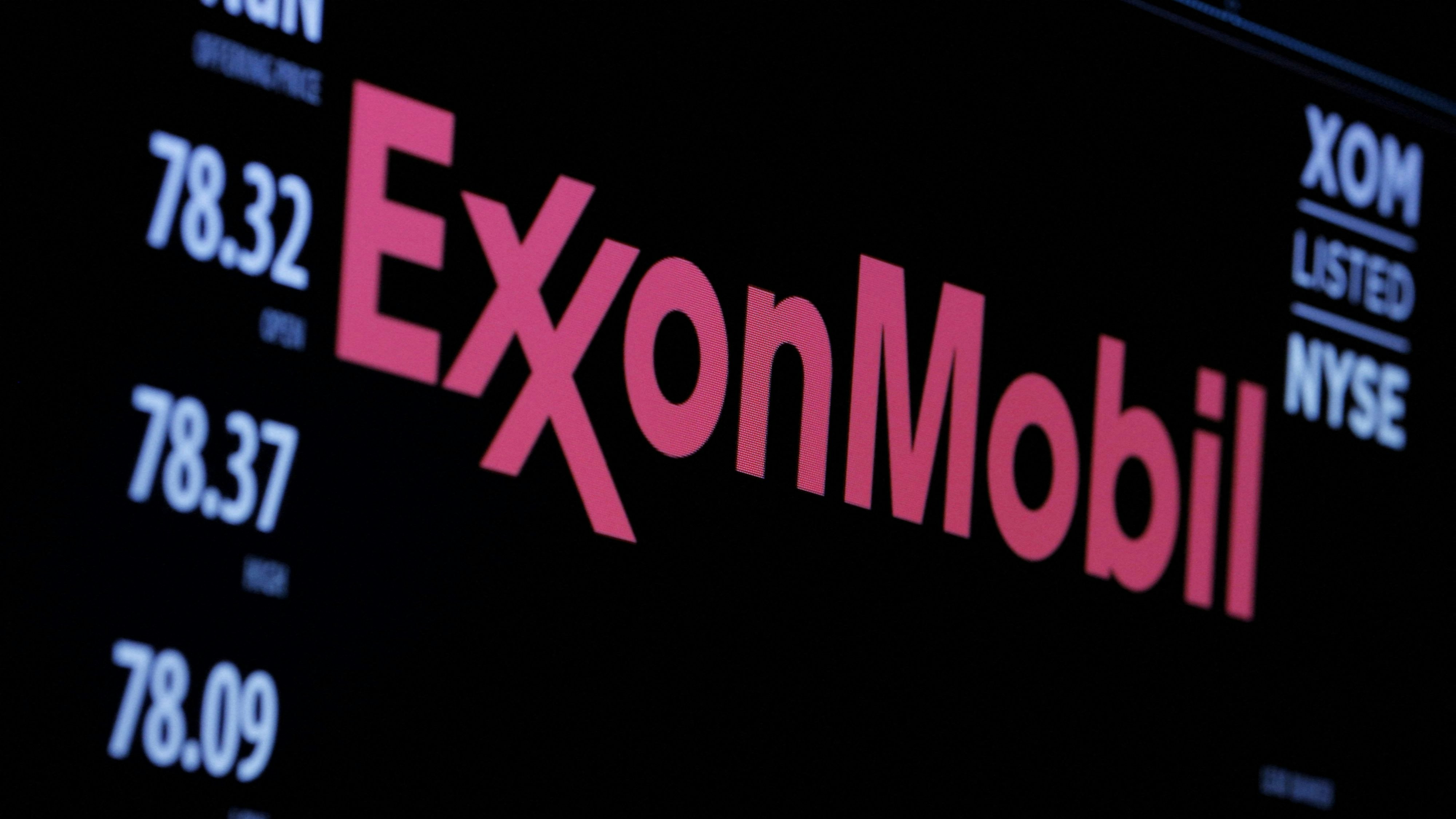 FILE PHOTO: The logo of Exxon Mobil Corporation is shown on a monitor above the floor of the New York Stock Exchange in New York, December 30, 2015.  REUTERS/Lucas Jackson/File Photo/File Photo
