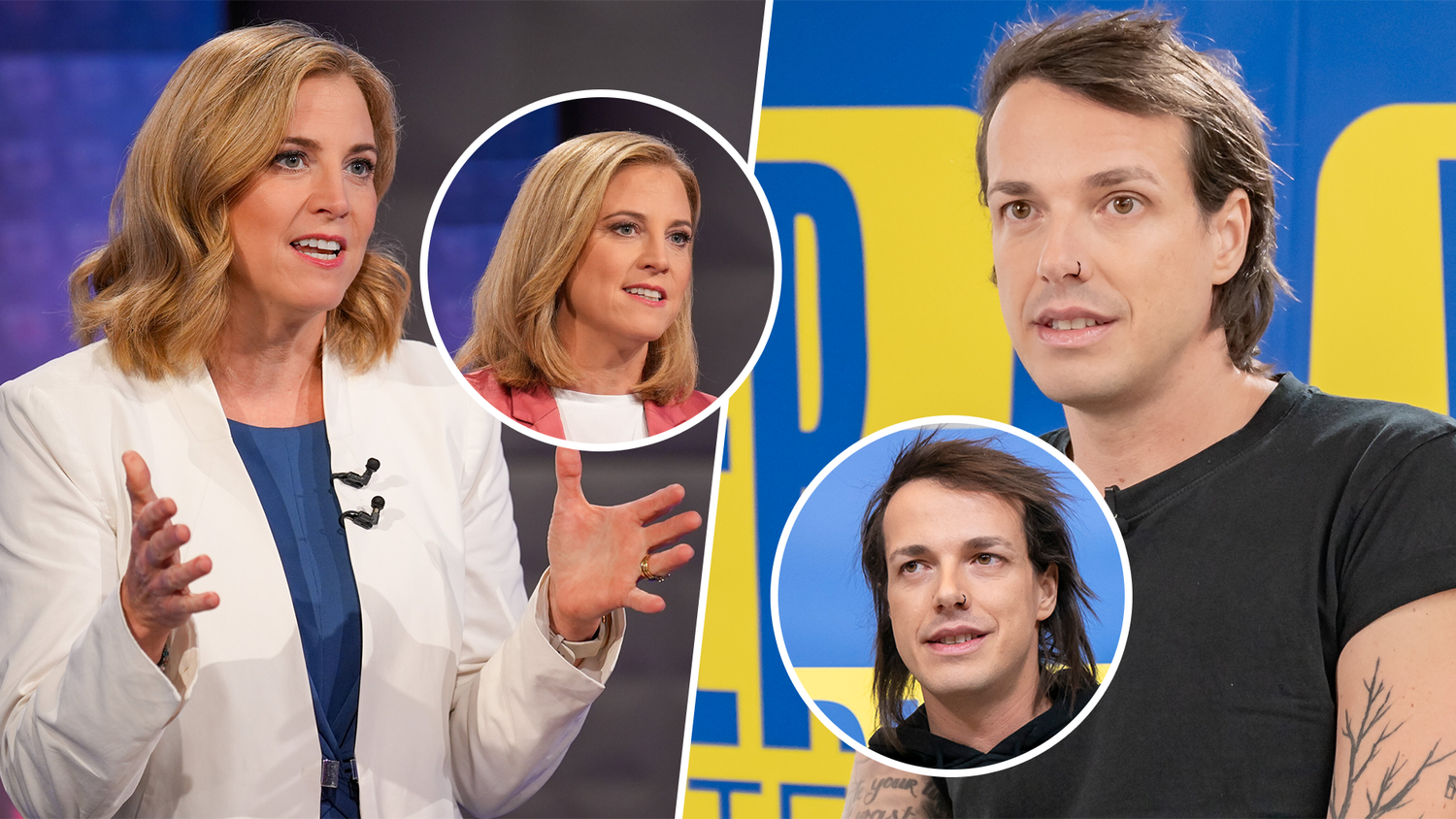 Beate Meinl-Reisinger (Neos) aktuell mit neuer Lockenfrisur, Bierpartei-Chef Dominik Wlazny mit kürzeren Haaren.