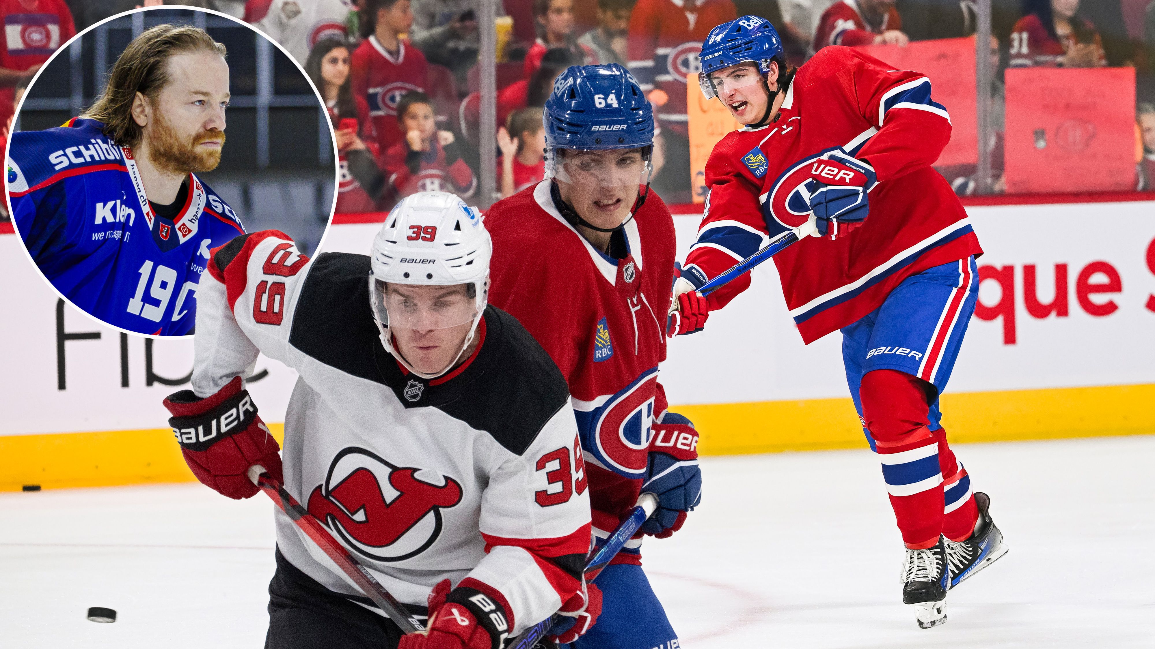 David Reinbacher beim Debüt im Montreal-Trikot. Links: Mentor Steve Kellenberger.