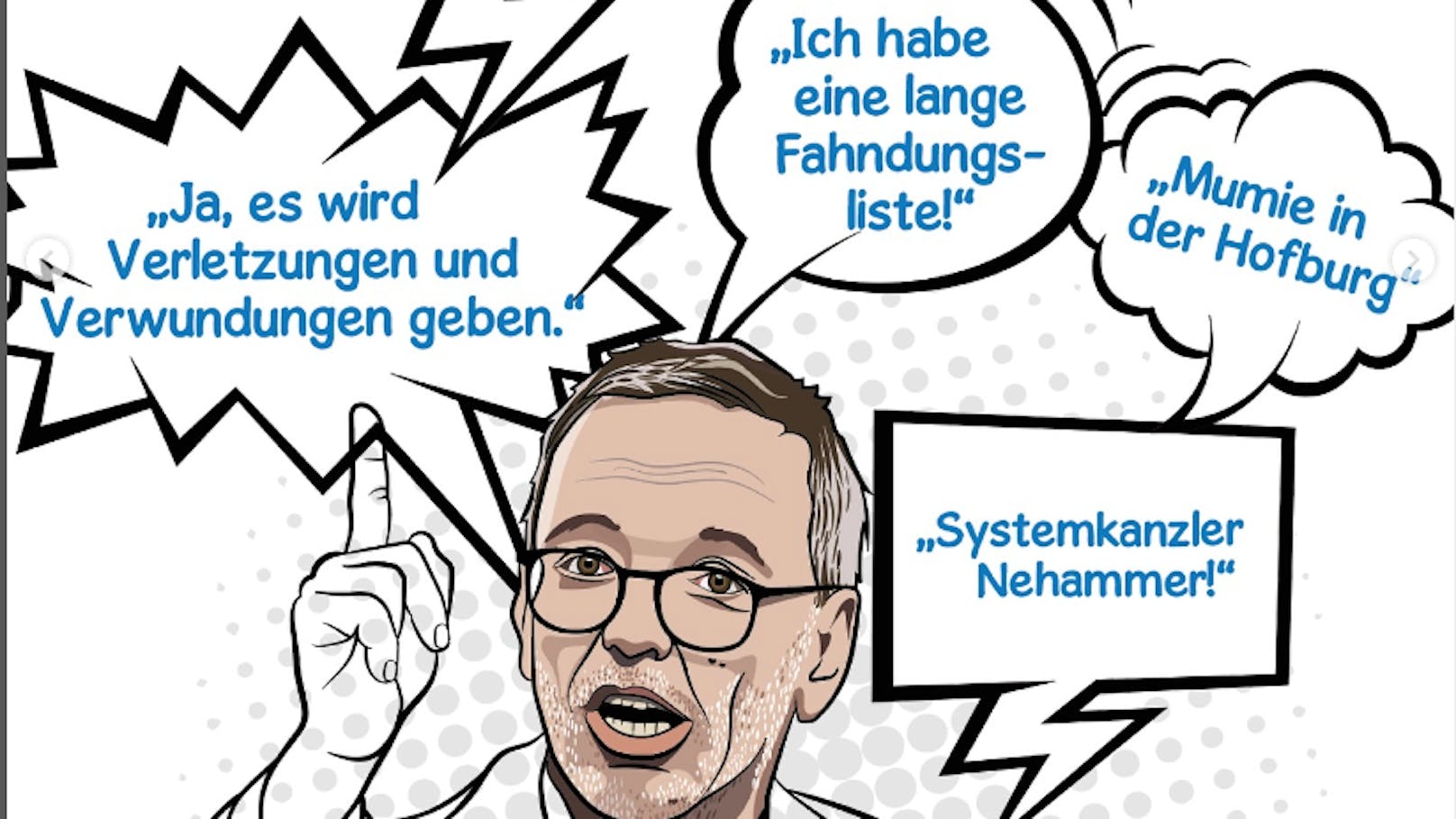 Auf fast jeder Seite der ÖVP-Broschüre finden sich comic-artige Zeichnungen mit Kickl-Sagern.