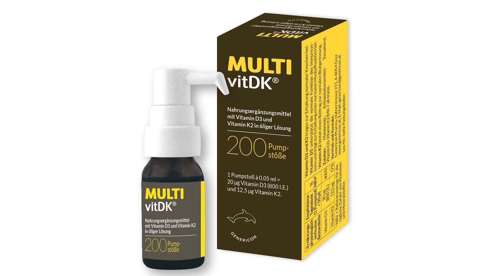 Nahrungsergänzungsmittel MULTIvitDK<sup>®</sup> von Genericon Pharma liefert das starke Duo Vitamin D3 und K2 in öliger Lösung.