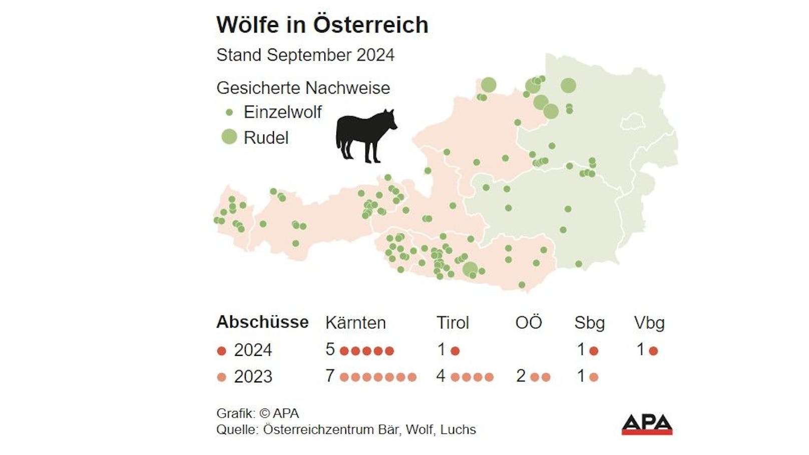 Die Zahl der Wolfssichtungen in den letzten 1,5&nbsp; Jahren in Österreich.