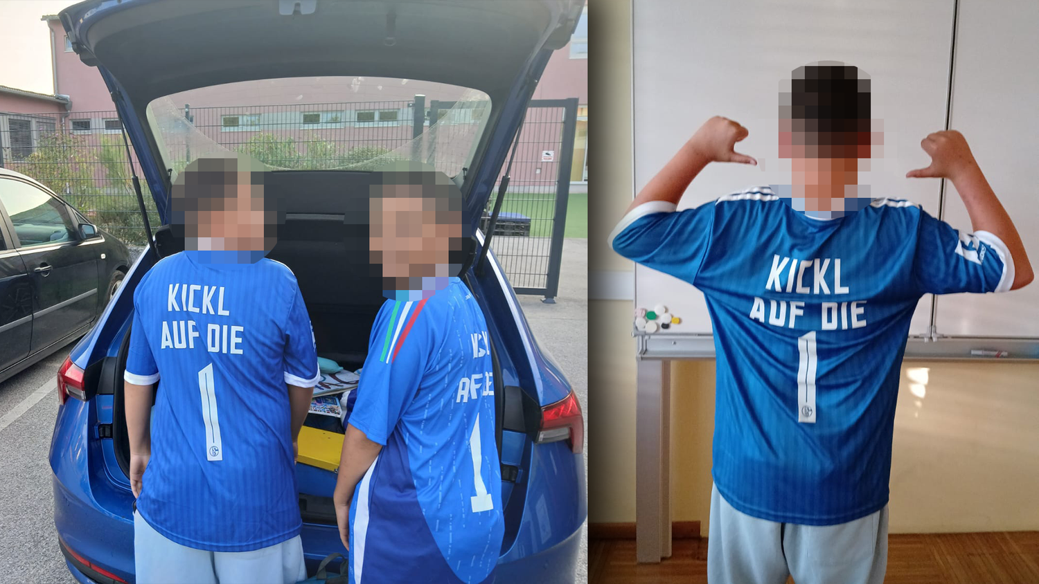 Voller Stolz trugen zwei Brüder (13) in der Schule ihre Italien bzw. Schalke-Shirts mit Kickl-Aufdruck. Allerdings mussten sie diese schnell wieder ausziehen.