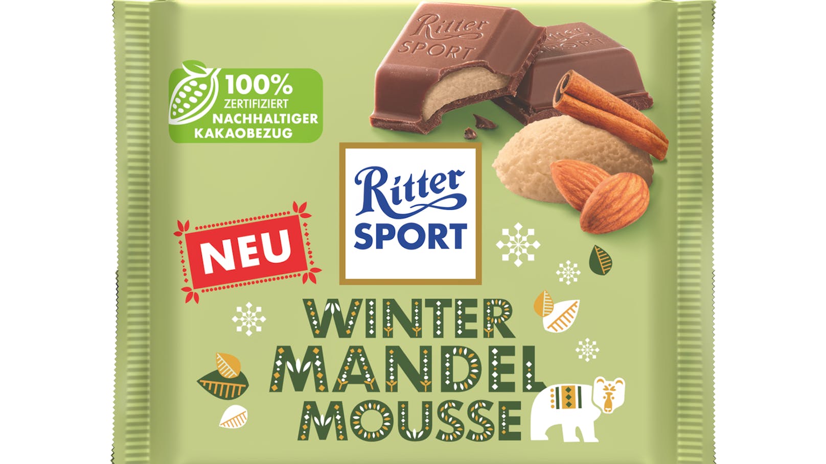 Neu dabei: <strong>Winter Mandel Mousse</strong> – Die neueste Kreation des Saison-Trios überzeugt mit einer luftig-leichten Mandelmousse, verfeinert mit winterlichen Gewürzen und umhüllt von zarter Vollmilchschokolade. Durch die extra großen Stücke kommt der cremig-leichte Geschmack der Füllung besonders gut zur Geltung.