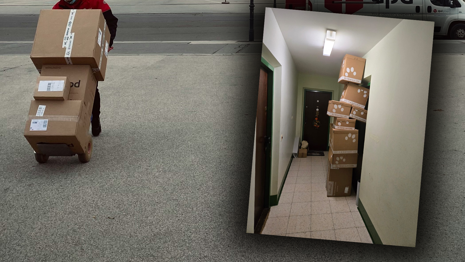 Die Lieferung erfolgte nicht wie erwartet – die Kartons wurden vor der Wohnungstüre in die Höhe gestapelt (Symbolbild des Postboten).
