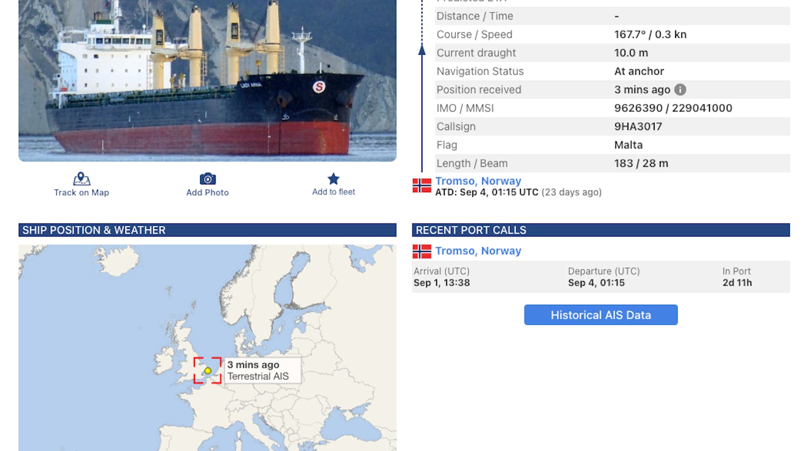 Die Position von "Ruby" am 27. September auf Vesselfinder.com