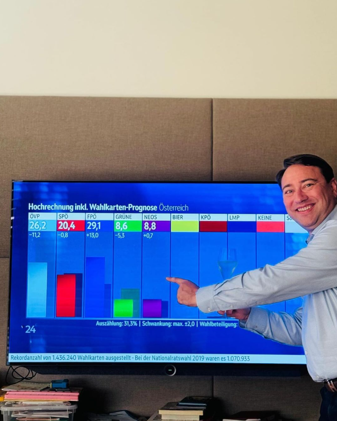Ein strahlender Manfred Haimbuchner freut sich über die Hochrechnung.