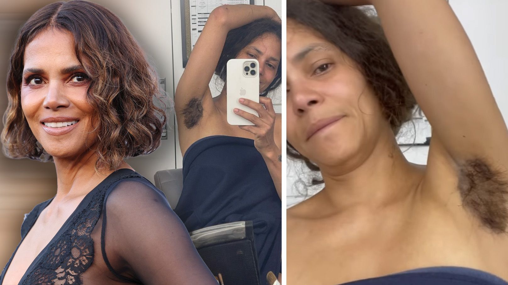 Halle Berry zeigt ihre Achselhaare.