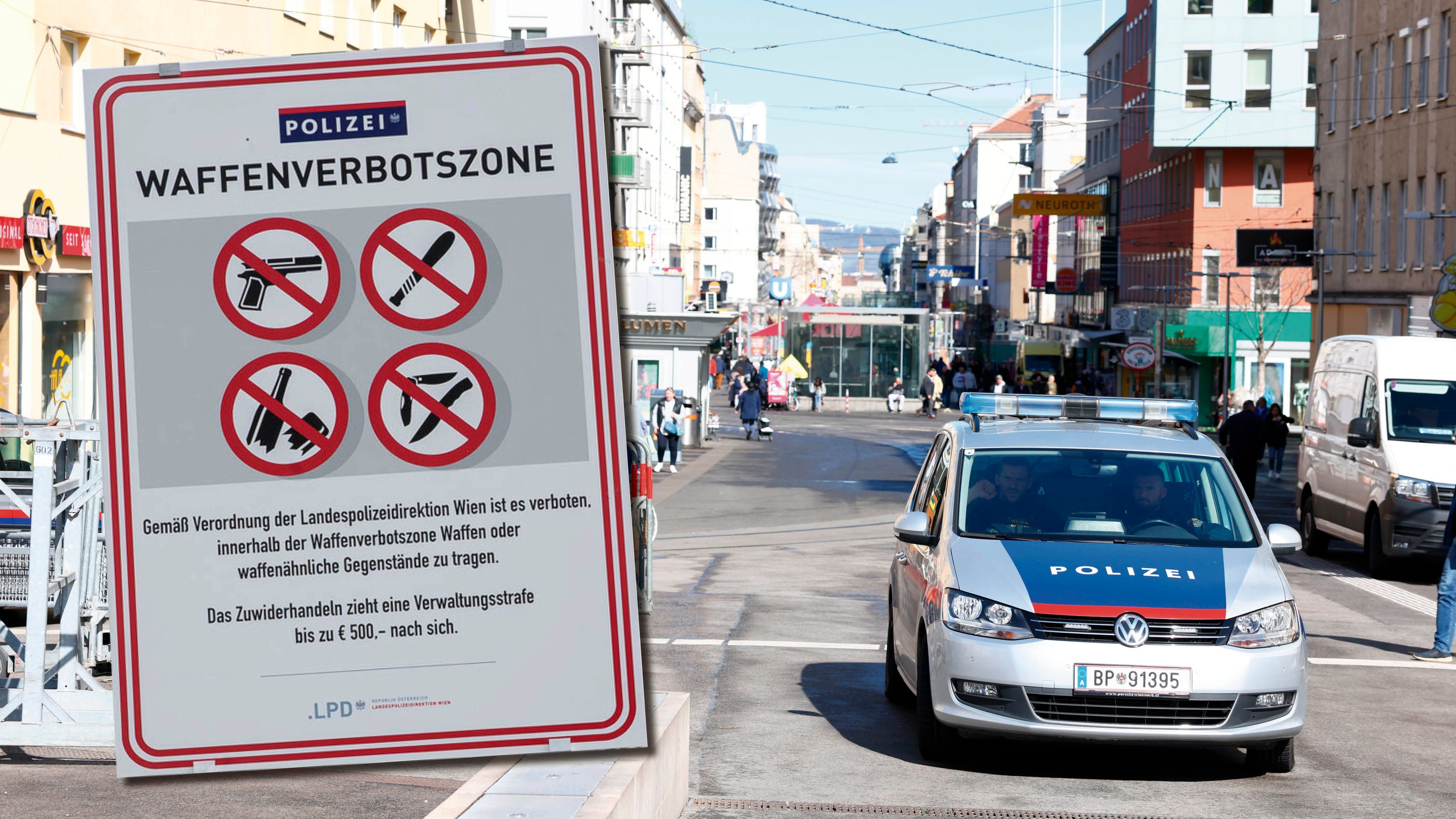 Am Reumannplatz – Teil der Waffenverbotszone – patrouillieren durchgehend Polizeistaffeln, um das Waffenverbot umzusetzen.