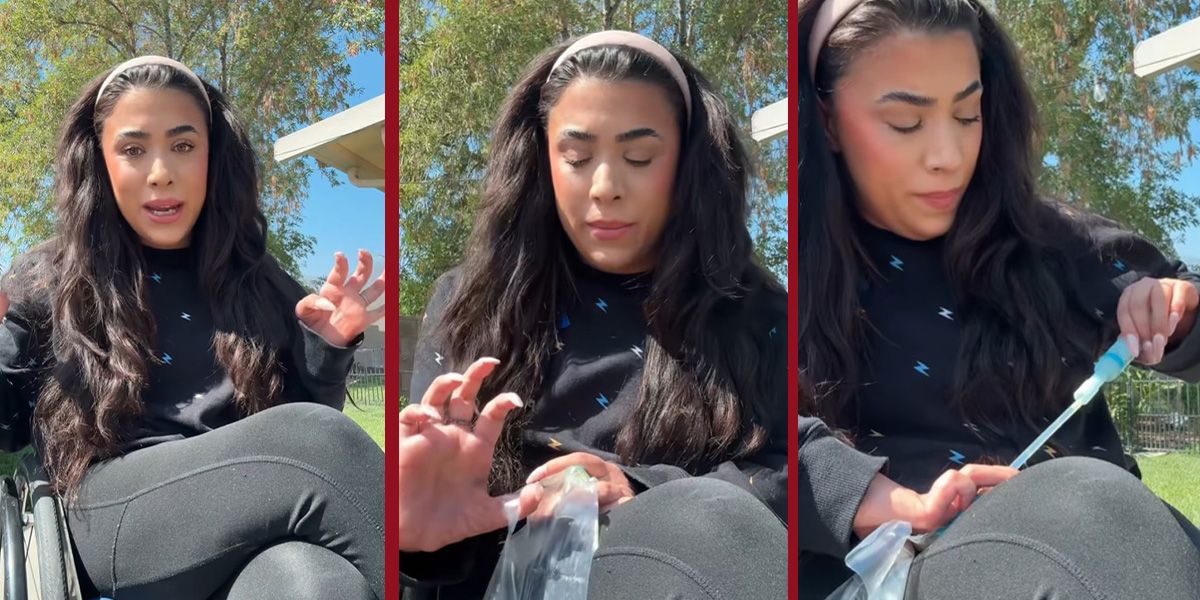 Steph Aiello (Bild) beim Demonstrieren ihres Bauchnabel-Katheters.