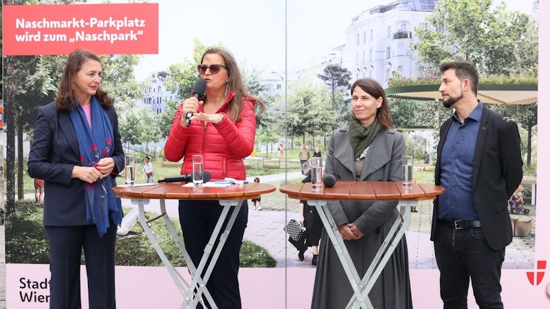 (v.l.n.r.)NEOS Wien Stadtplanungssprecherin Selma Arapovic Planungsstadträtin Ulli Sima, Landschaftsarchitektin Sabine Dessovic und Bezirksvorsteher Markus Rumelhart beim Spatenstich Naschmarkt-Parkplatz