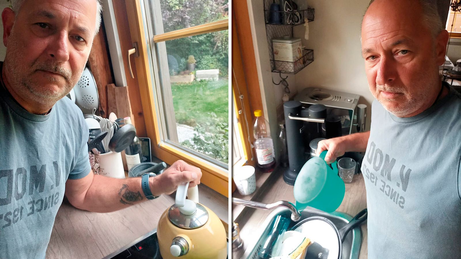 Helmut A. (53) hat alle Hände voll zu tun: Das Wasser muss er zuerst abkochen, bevor er damit Geschirr spülen kann.