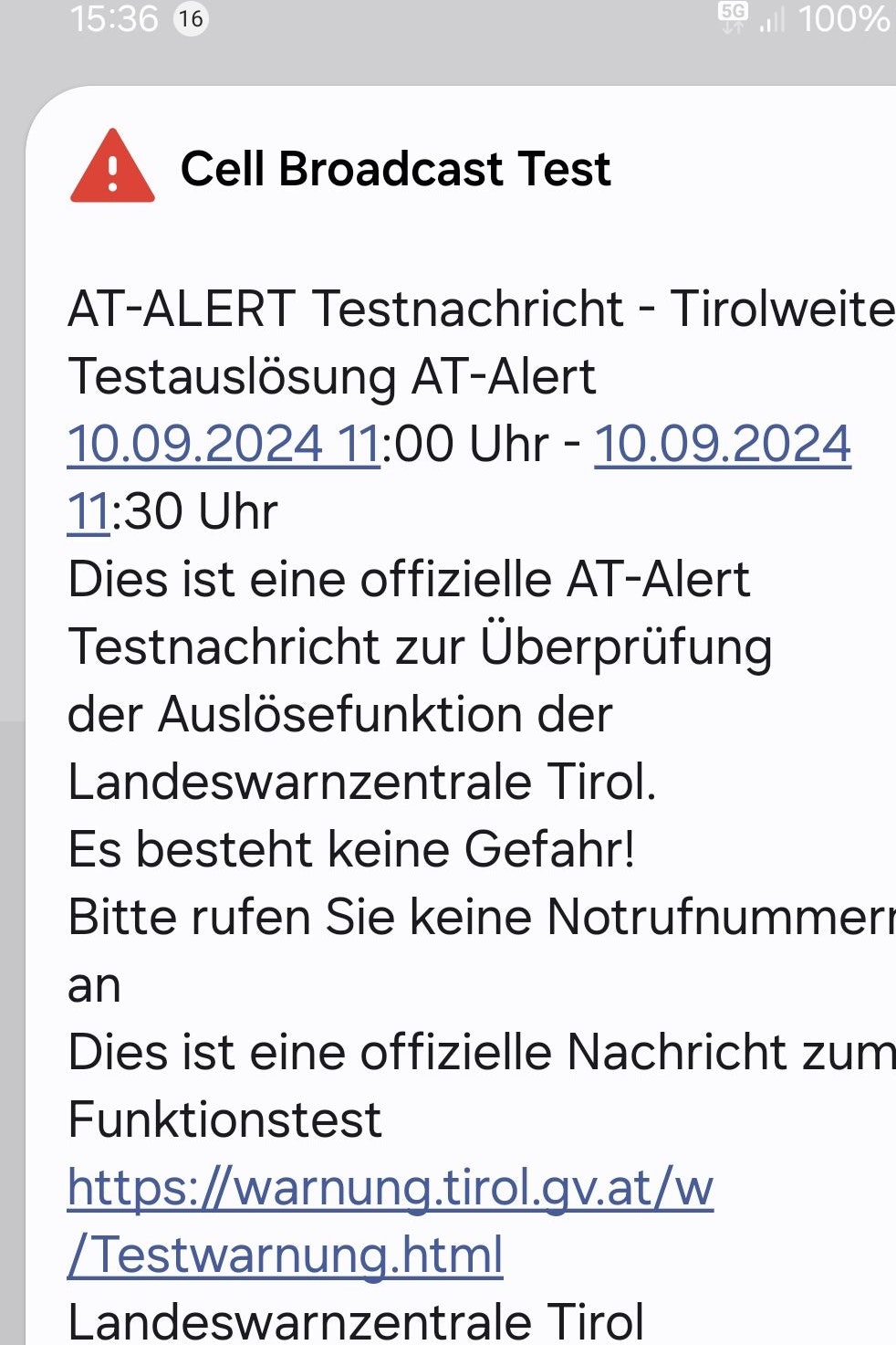 Muster-Text für eine Probe-Warnmeldung in Tirol