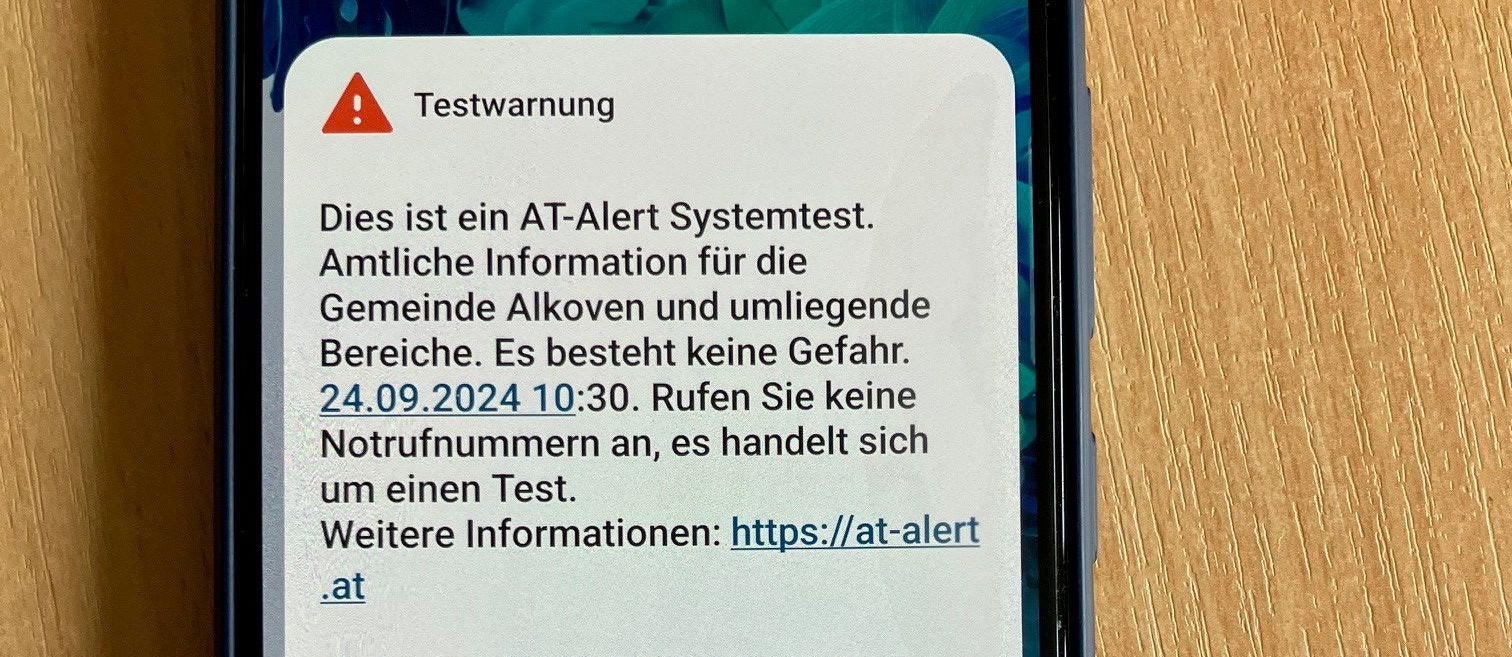 So ähnlich wird eine der beiden Probe-Warnmeldungen aussehen, die am Samstag, dem 5. Oktober, an alle Mobiltelefone in Österreich ausgesendet werden