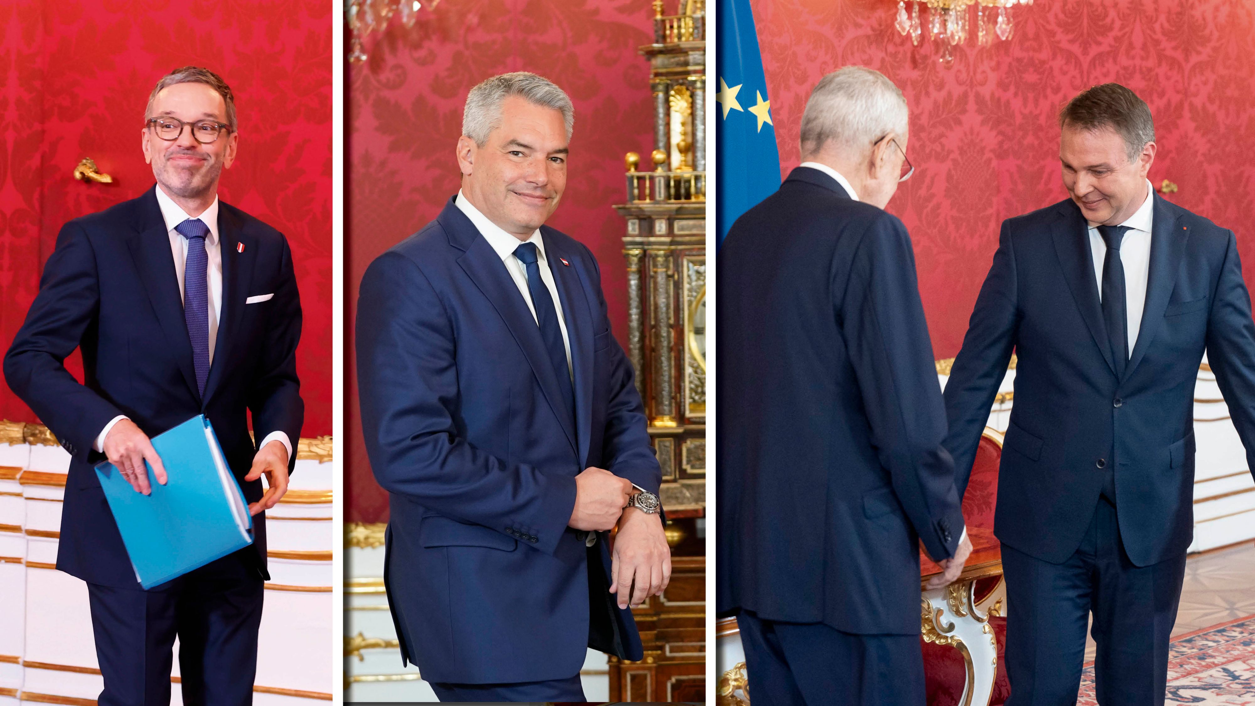 Herbert Kickl (FPÖ), Karl Nehammer (ÖVP), Andreas Babler (SPÖ) absolvierten ihre Termine bei Bundespräsident Alexander Van der Bellen – jeder auf seine Weise.
