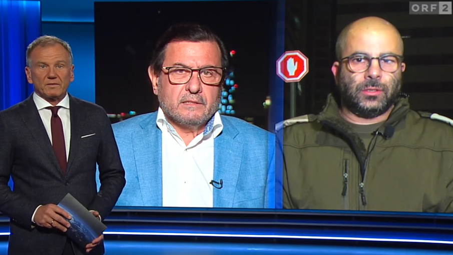 Der israelische Armeesprecher Arye Shalicar und der Botschafter von Palästina in Österreich Salah Abdel Shafi in der "ZIB2" bei Moderator Armin Wolf.