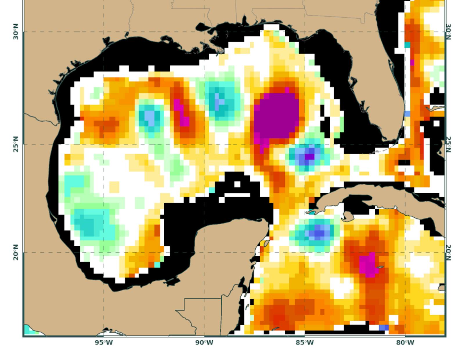 Anomalie des Wärmeinhalts des Golfs von Mexiko: Vor der Küste Floridas liegt eine Zone (violett) mit einem extremen Energiewert von 80 kJ/cm² und mehr über normal.