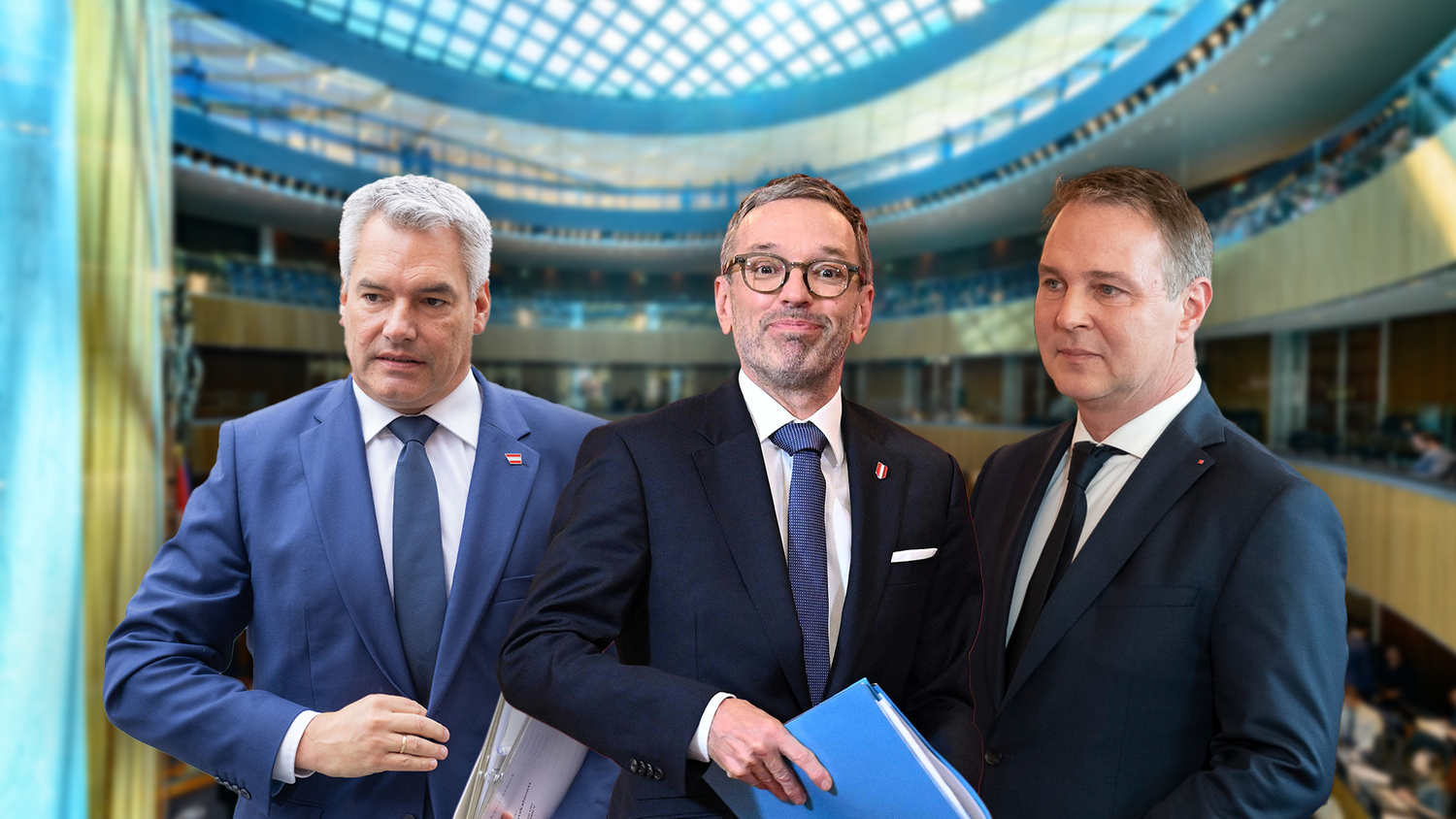 Bundespräsident Alexander Van der Bellen vergab am Mittwoch keinen Regierungsbildungsauftrag. Nehammer, Kickl und Babler sollen stattdessen erneut ins Gespräch kommen.