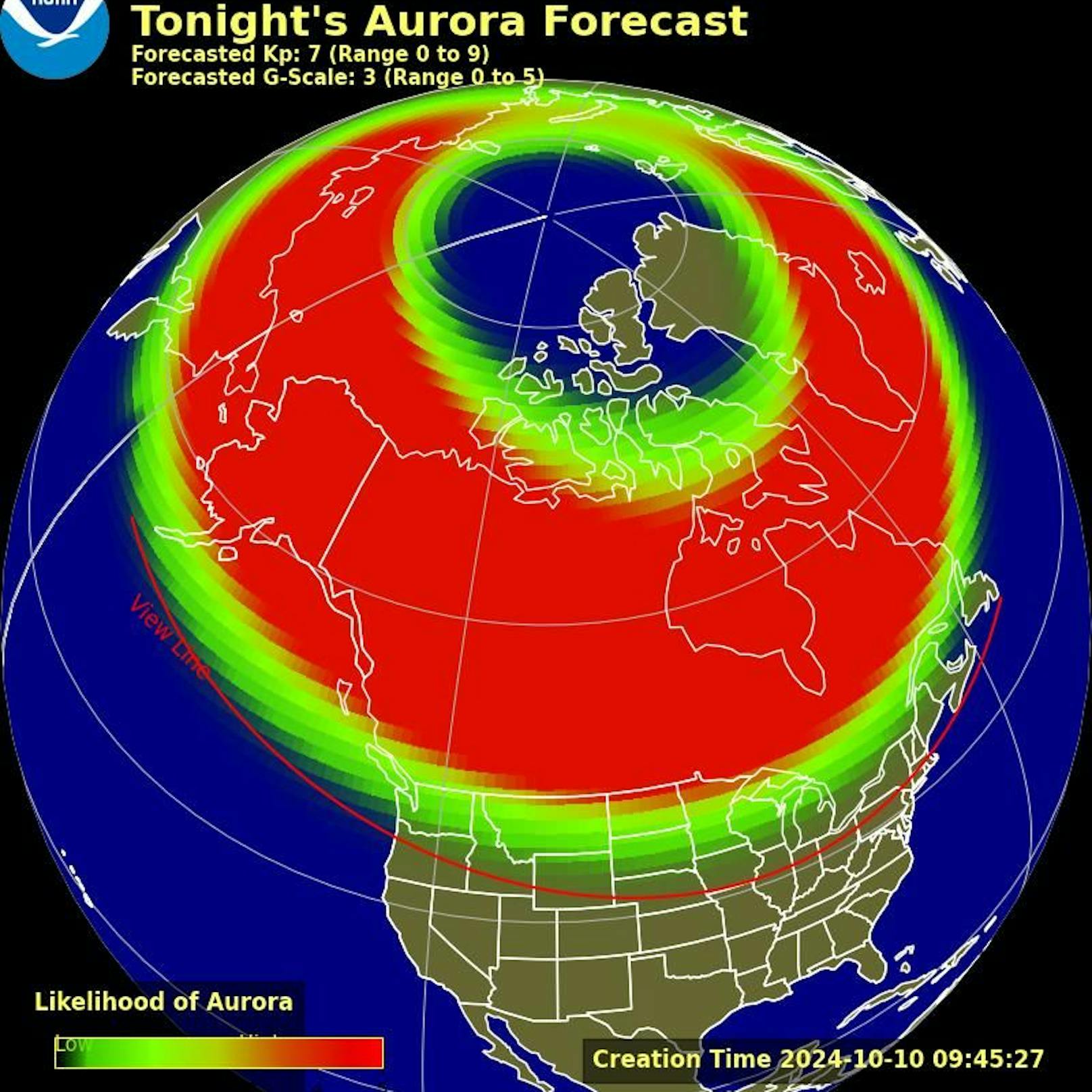 Aurora-Prognose für Nordamerika für 10. Oktober 2024. Im roten Band ist das Auftreten sehr wahrscheinlich. In der Nacht darauf sieht es ähnlich aus.