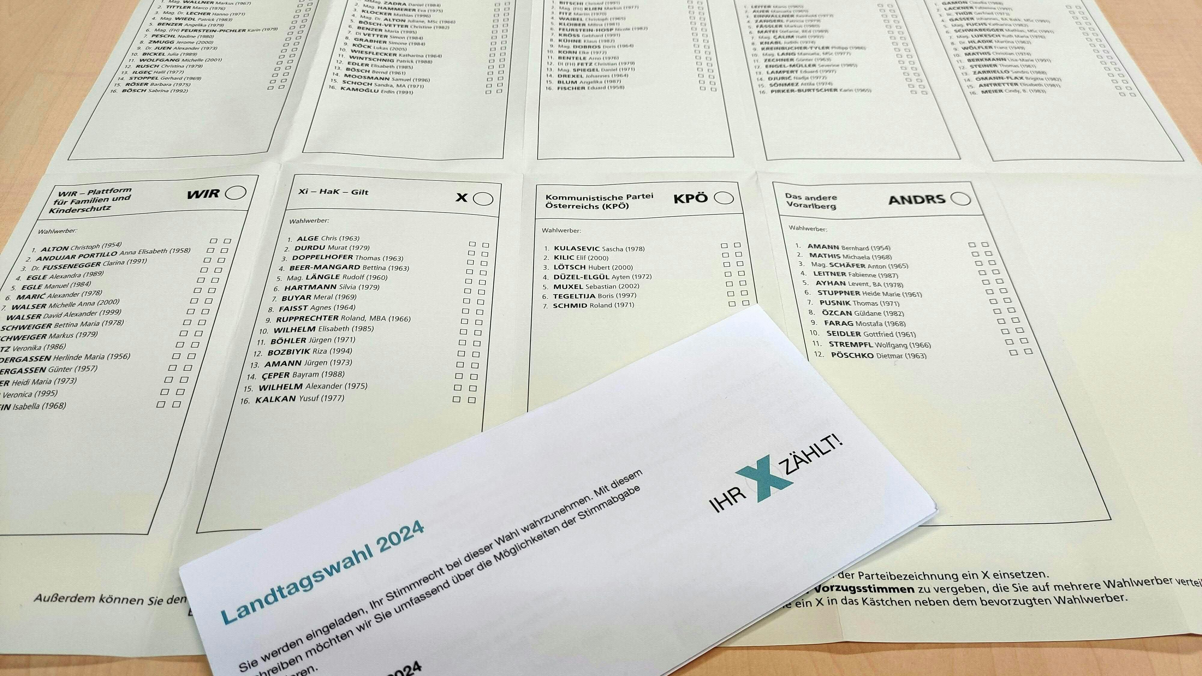 Eine Wahlinformation und ein amtlicher Stimmzettel für die Vorarlberg-Wahl.