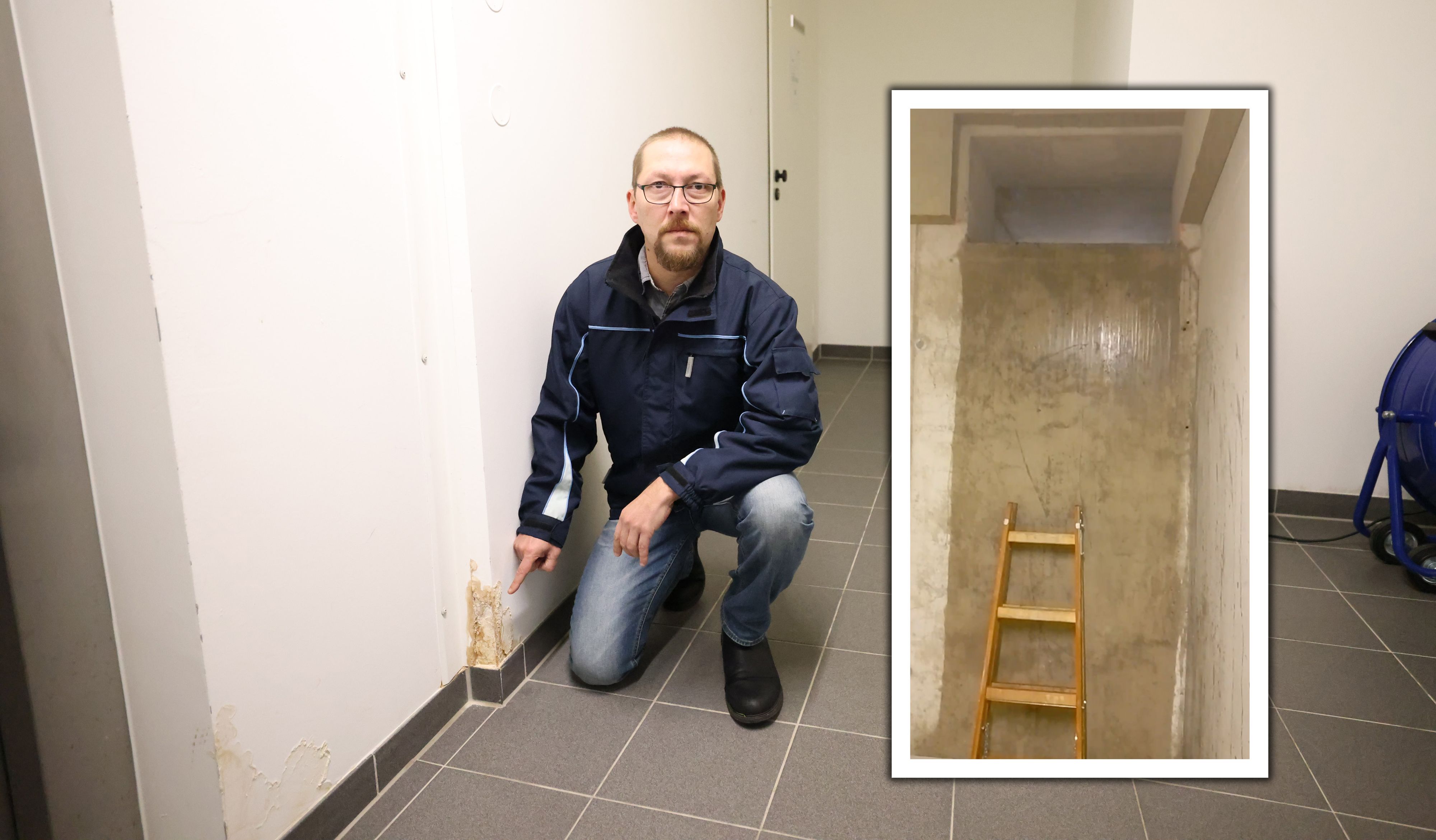 Mieter Mike (44) zeigt den Schimmel im Stiegenhaus – durch verpfuschte Schächte dringt bei Regen Wasser in die Keller.