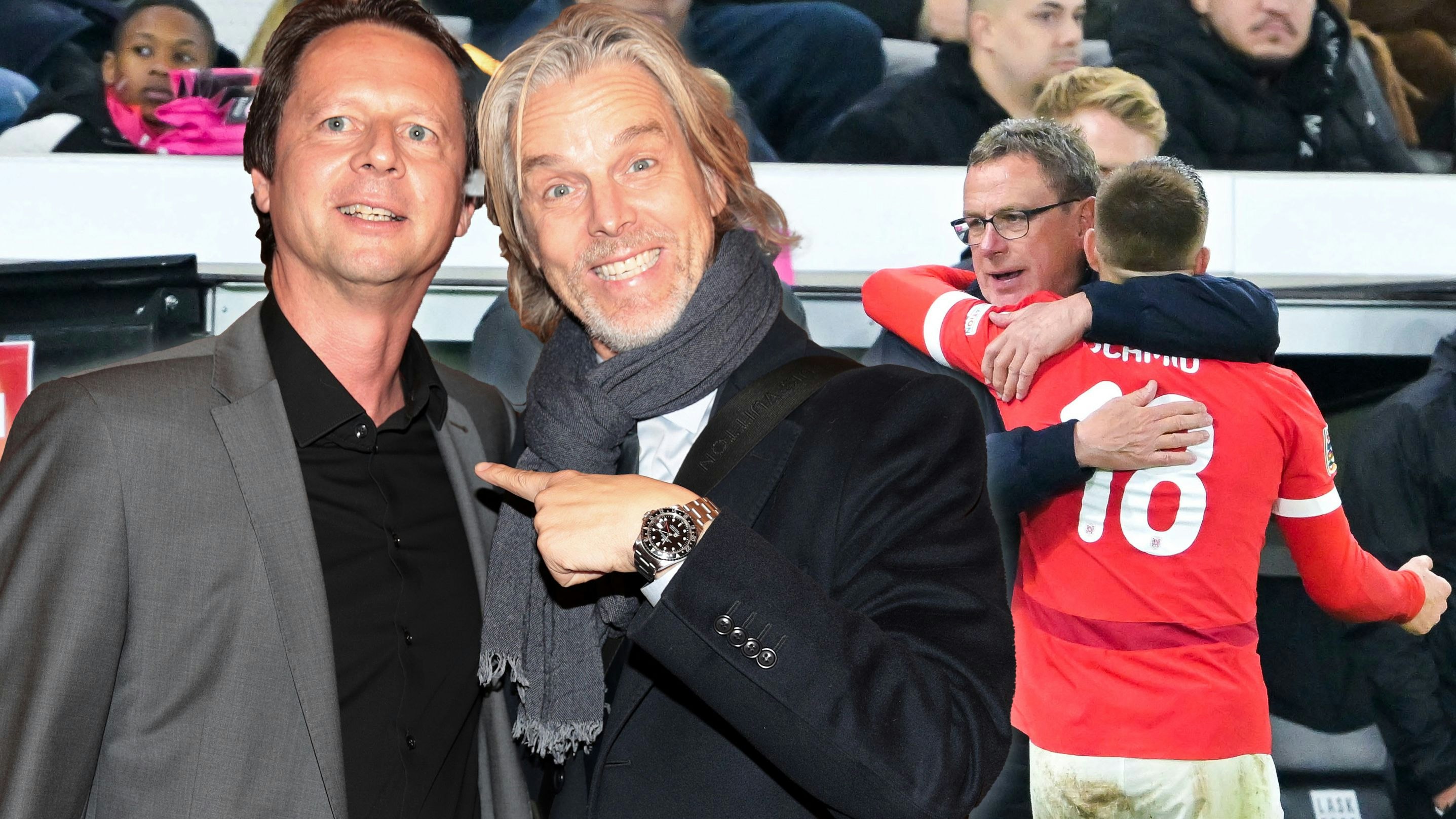 Jan-Aage Fjörtoft, hier rechts neben ÖFB-Sportdirektor und Ex-Rapid-Kollege Peter Schöttel, über Ralf Rangnick (r.).