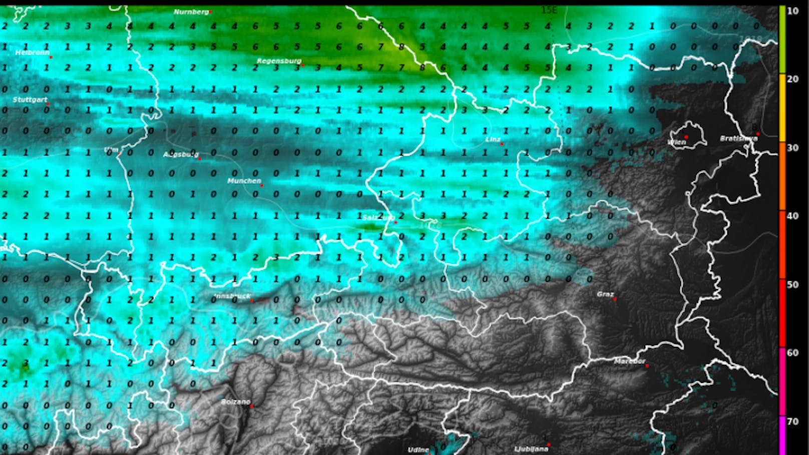 Am Montagnachmittag fällt zunächst im Westen ein wenig Regen, ab dem Abend ziehen auch im Norden Schauer durch.