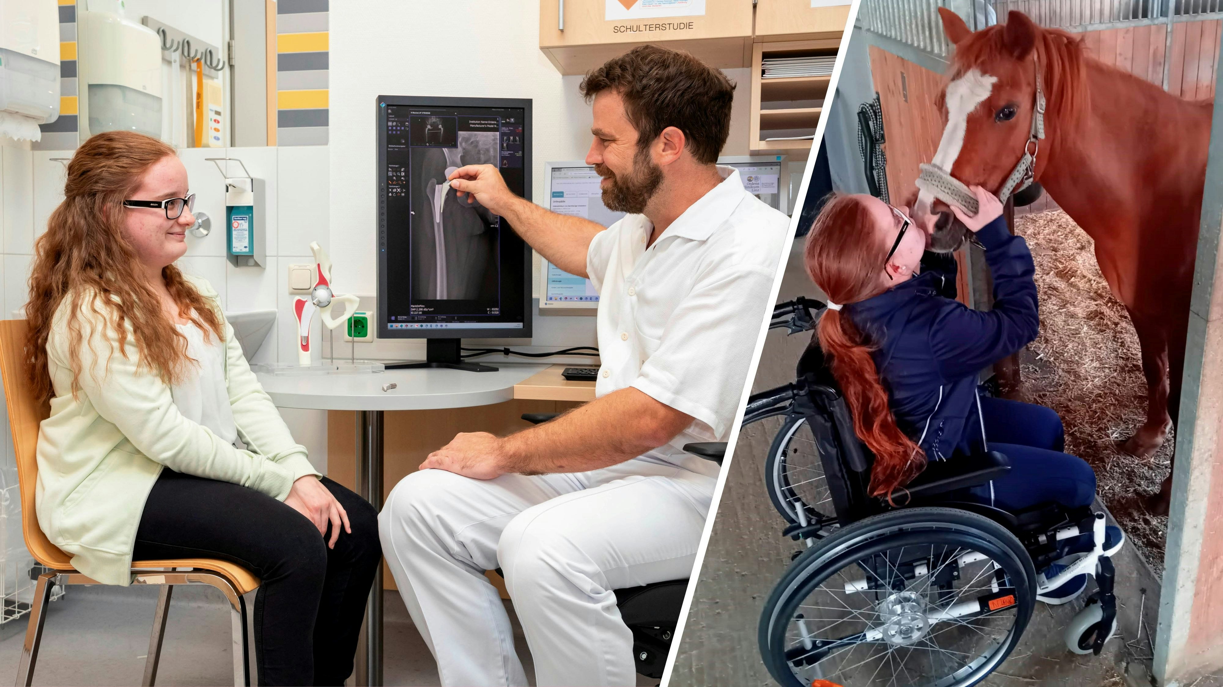 Die glückliche Patientin mit ihrem Arzt Lukas Pichler; den Rollstuhl braucht sie zum Glück nicht mehr.