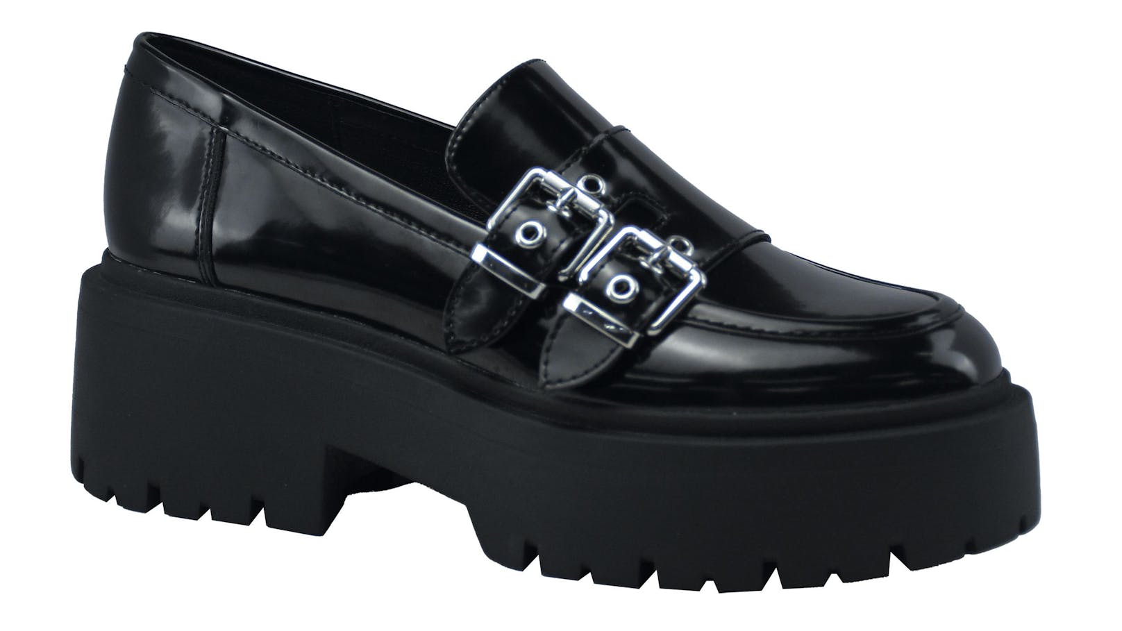 Die perfekten Schuhe für die Nevermore Academy, die Wednesday Addams in der Serie besucht: Loafer mit Profilabsatz für Damen um 44.99 Euro.