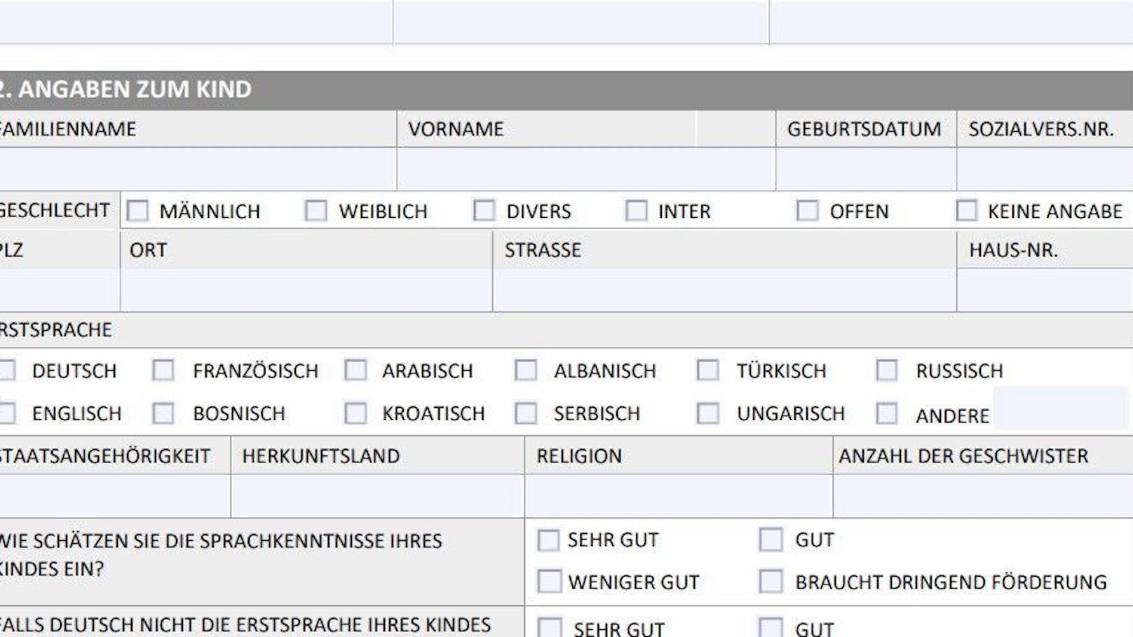 Kindergarten-Formular aus Graz mit sechs Auswahlmöglichkeiten zu Geschlecht.