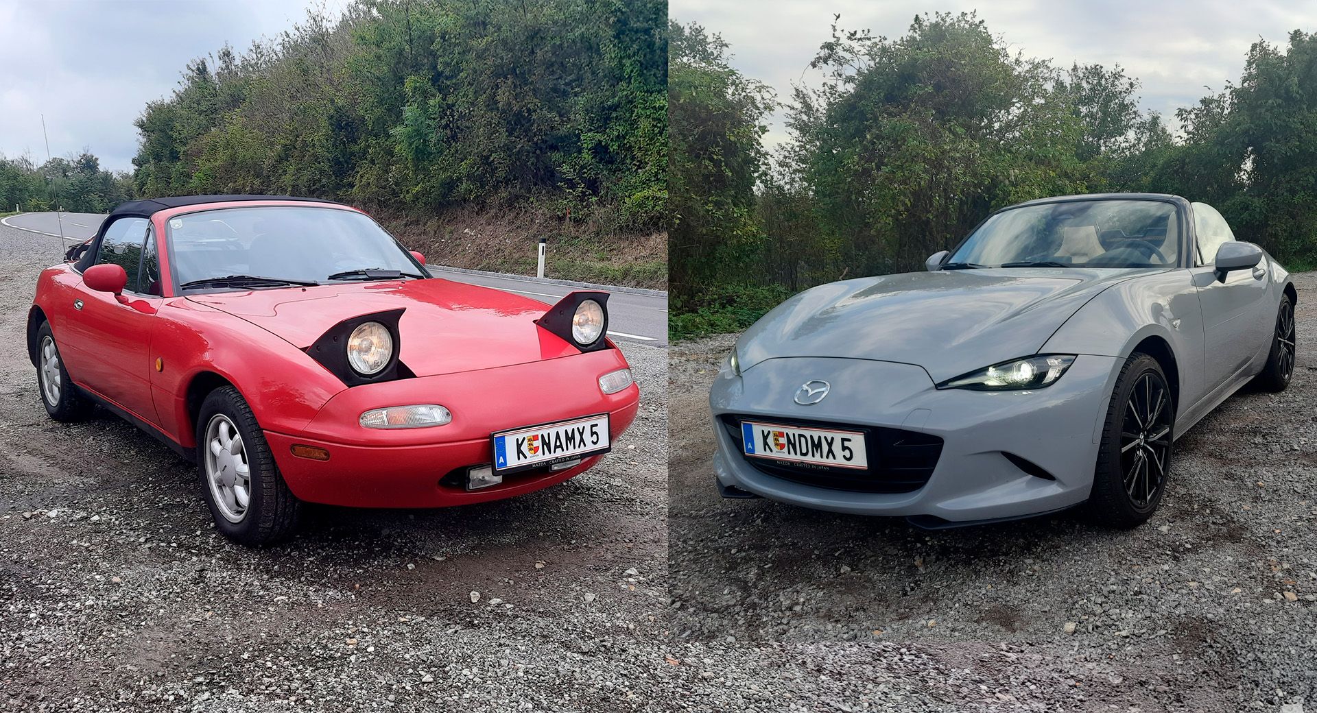Der Mazda MX-5 (NA, 1990) und der MX-5 (ND, 2024, rechts im Bild)