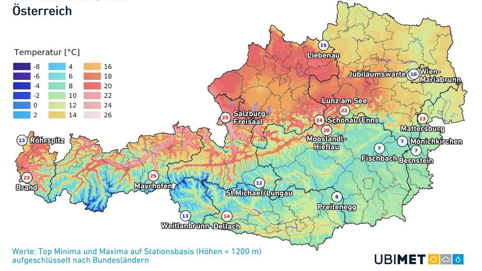 Die aktuellen Temperaturen in Österreich am 17. Oktober 2024, 13.30 Uhr.