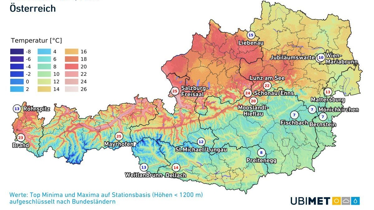 Die aktuellen Temperaturen in Österreich am 17. Oktober 2024, 13.30 Uhr.