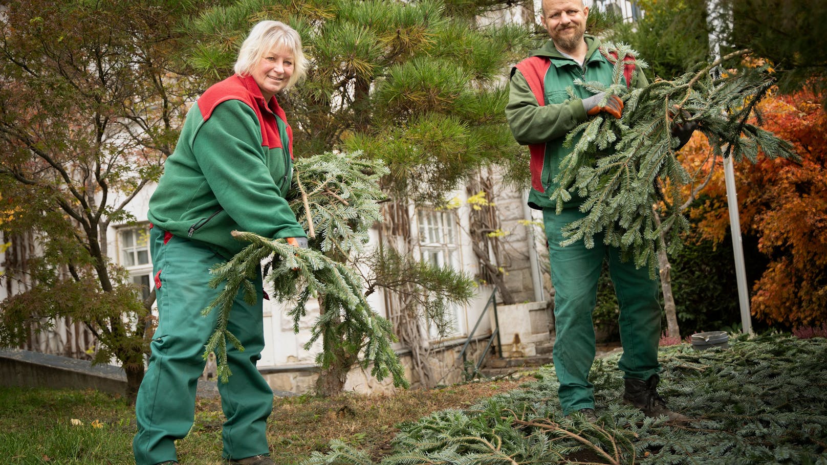 Reisig wird auf die Blumenbeete gelegt