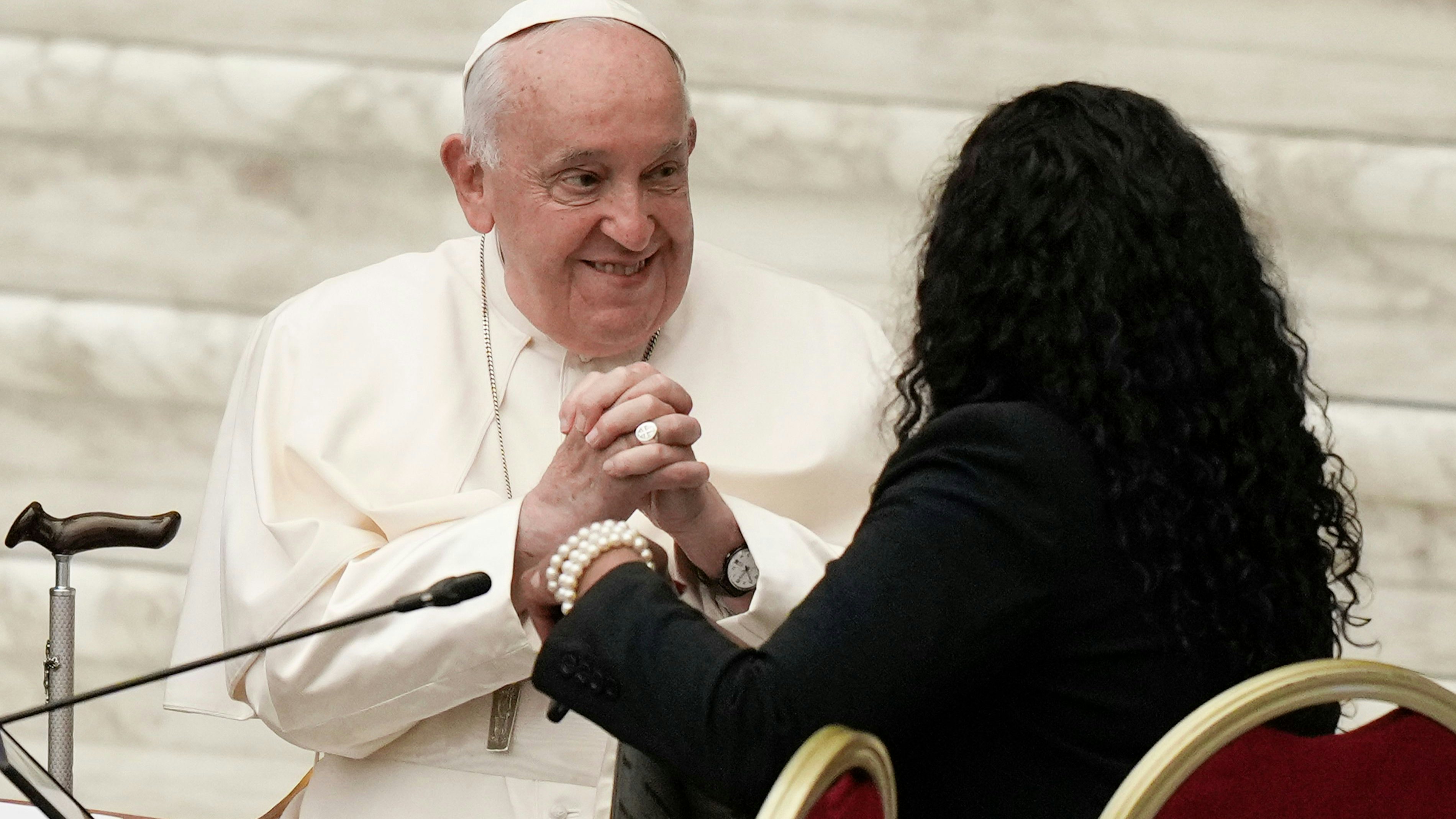 Download von www.picturedesk.com am 21.10.2024 (17:15).  Pope Francis attends a session of the 16th General Assembly of the Synod of Bishops at the Paul VI Hall at the Vatican, Monday, Oct. 21, 2024. (AP Photo/Andrew Medichini) - 20241021_PD2599 - Rechteinfo: Rights Managed (RM)