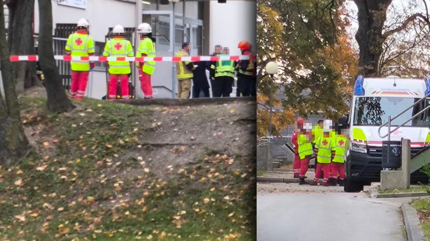 Feuerwehr-Großeinsatz in der HTL-Mödling. Auch die Polizei und Rettung ist vor Ort.