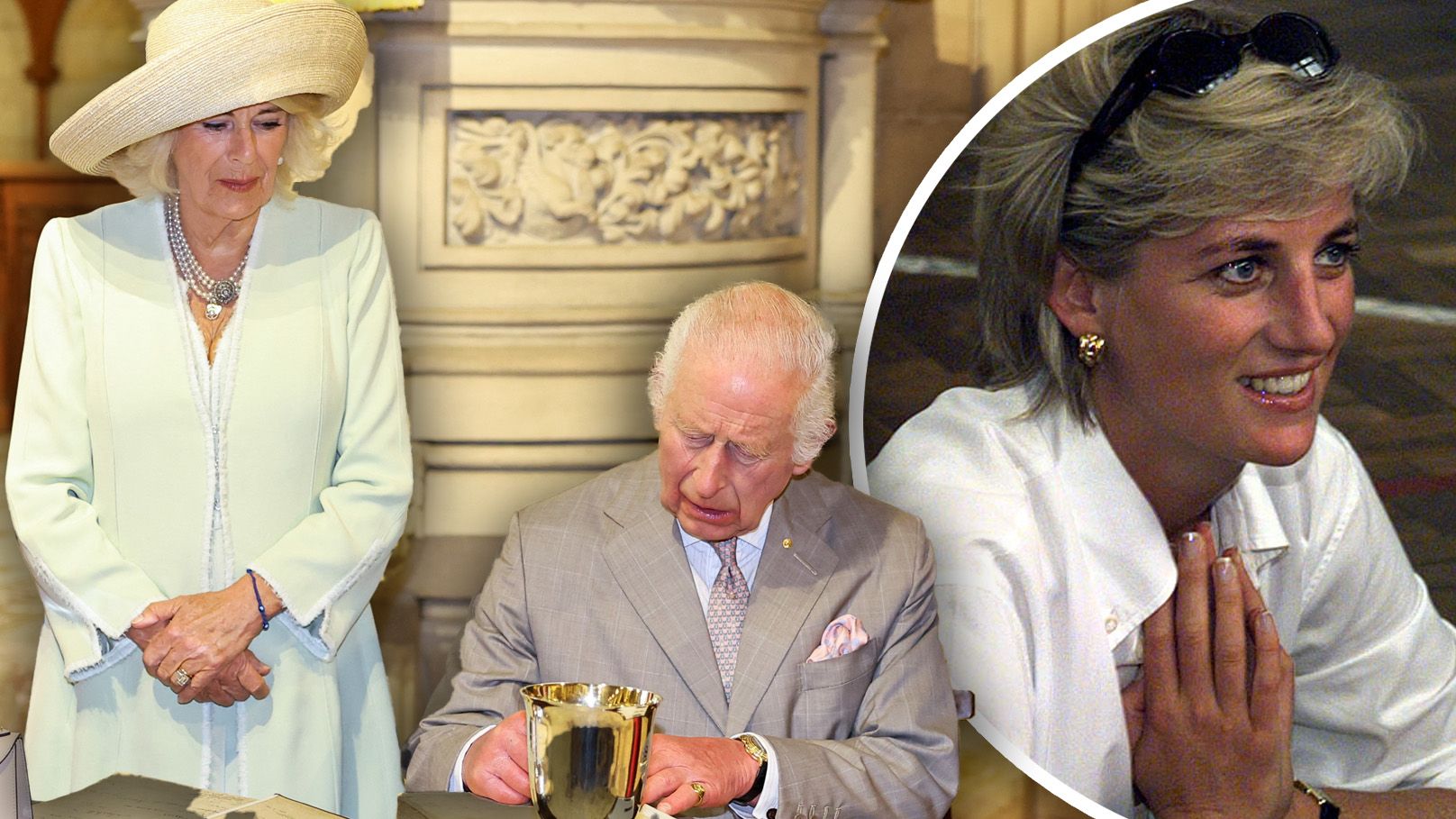 Charles und Camilla haben sich in ein Buch eingetragen, in dem auch Diana einige Zeilen darüber steht.